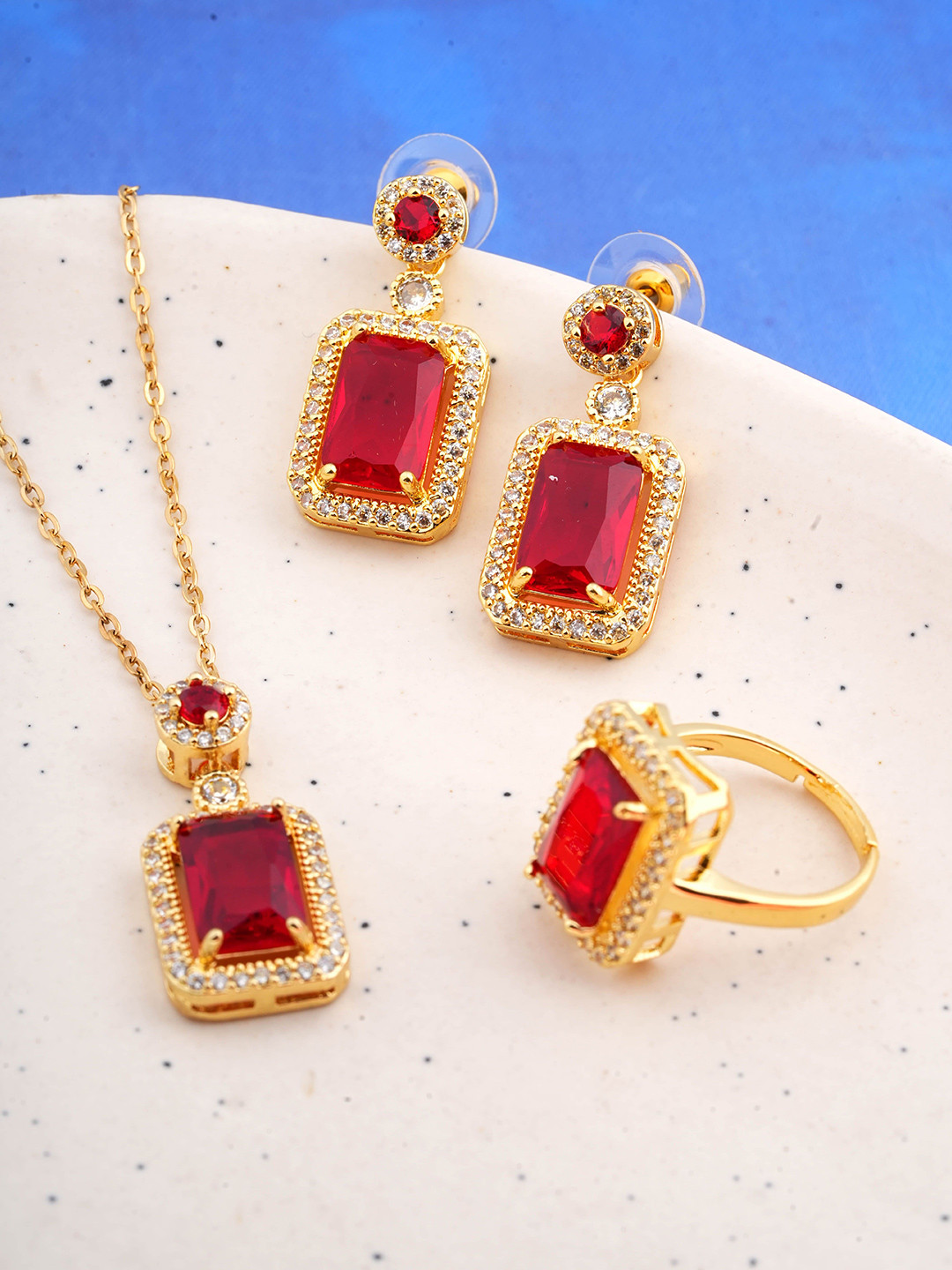 STYOLLO Gold-Plated Cubic Zirconia Studded & Beaded Necklace & Earrings With Ring