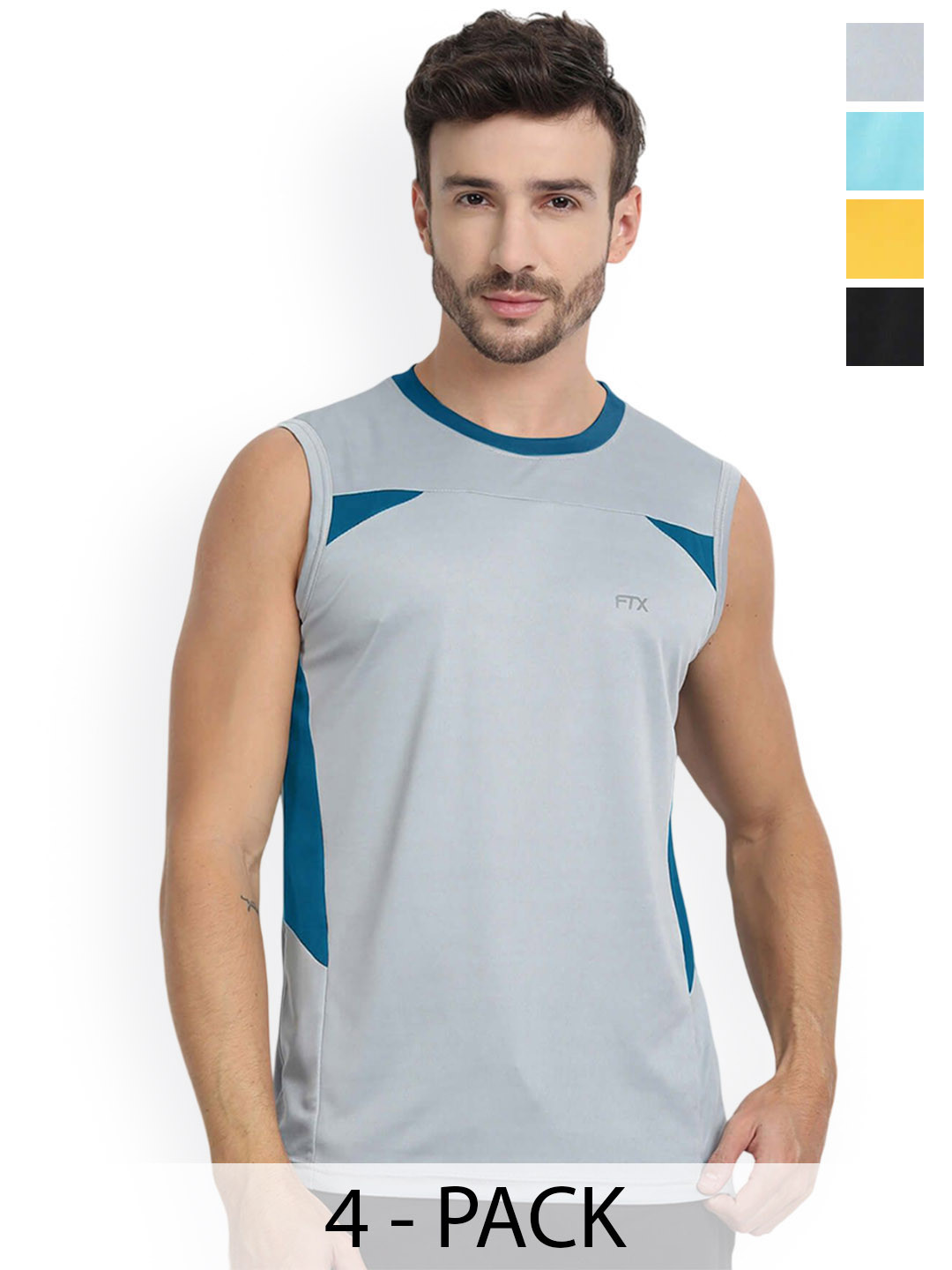 FTX Pack Of 4 Color Blocked Round Neck Gym Vests 709-2_709-4_709-7_709-16-S