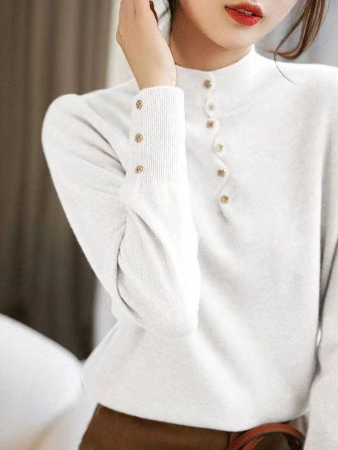StyleCast Women Mock Neck Cotton Button Detail Knit Top