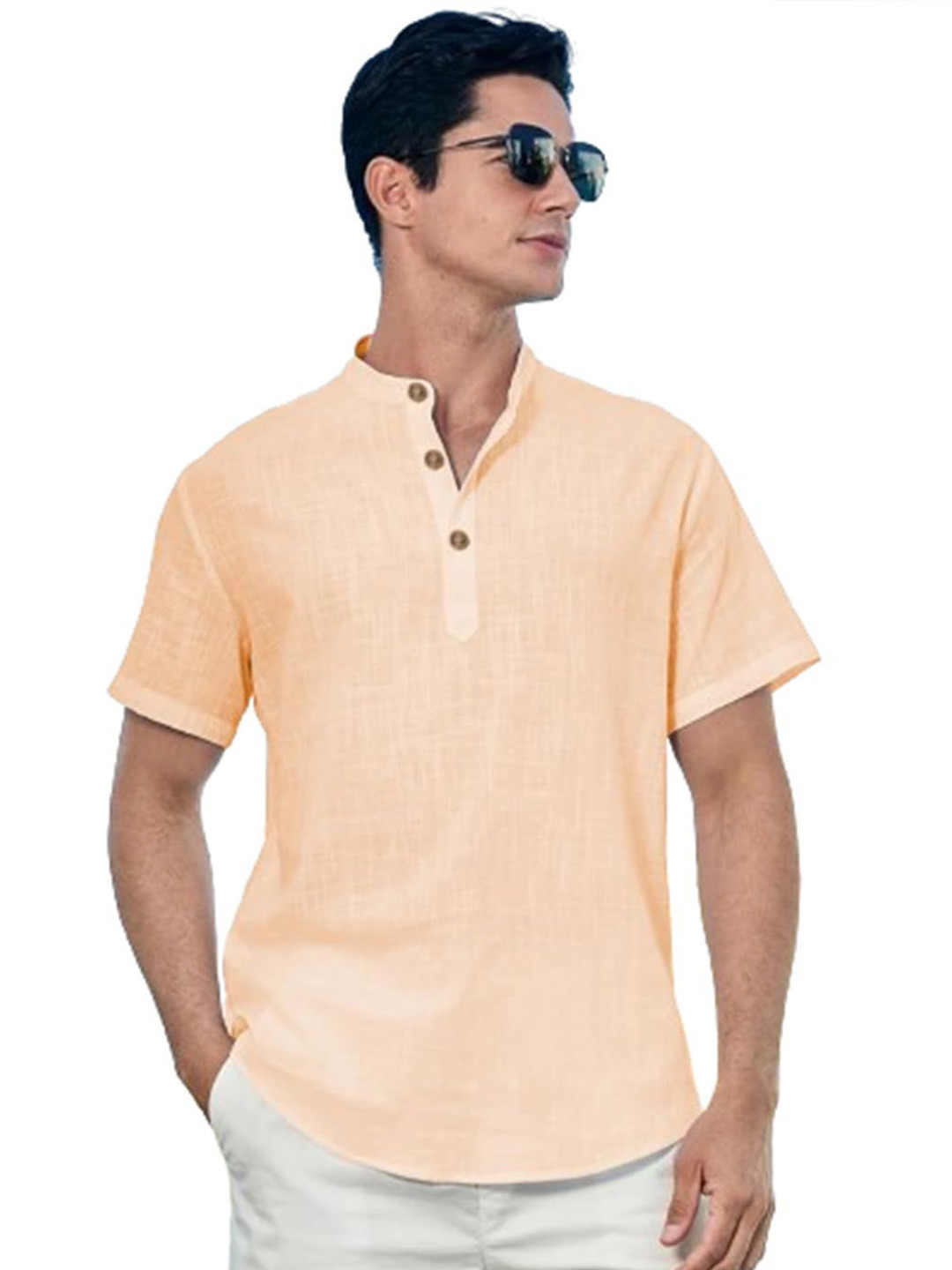Yugnik Men Slim Fit Half Sleeve Mandarin Collar Cotton Short Kurta
