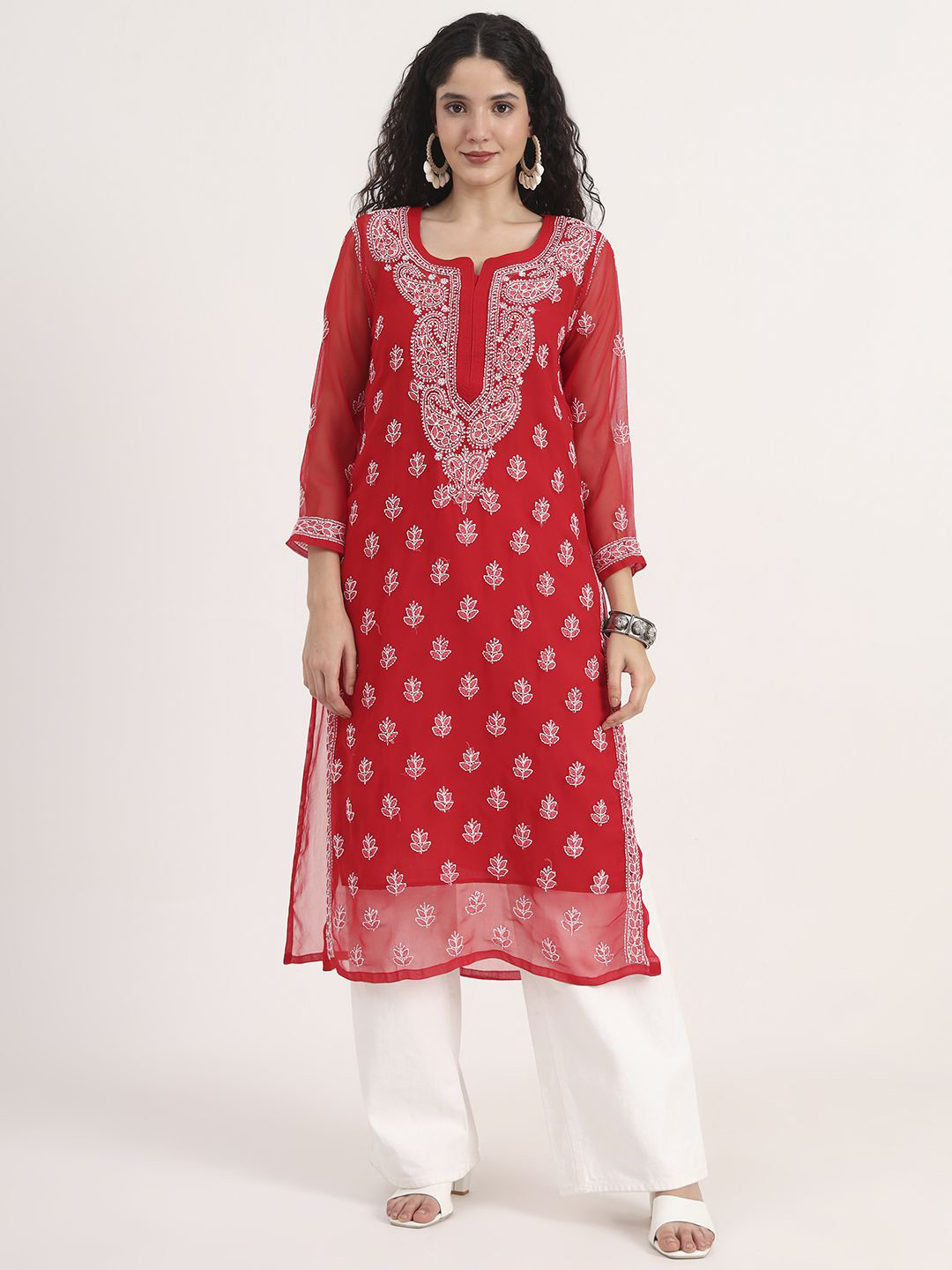 The Chikan Label Women Red Mahak Georgette Chikankari Straight