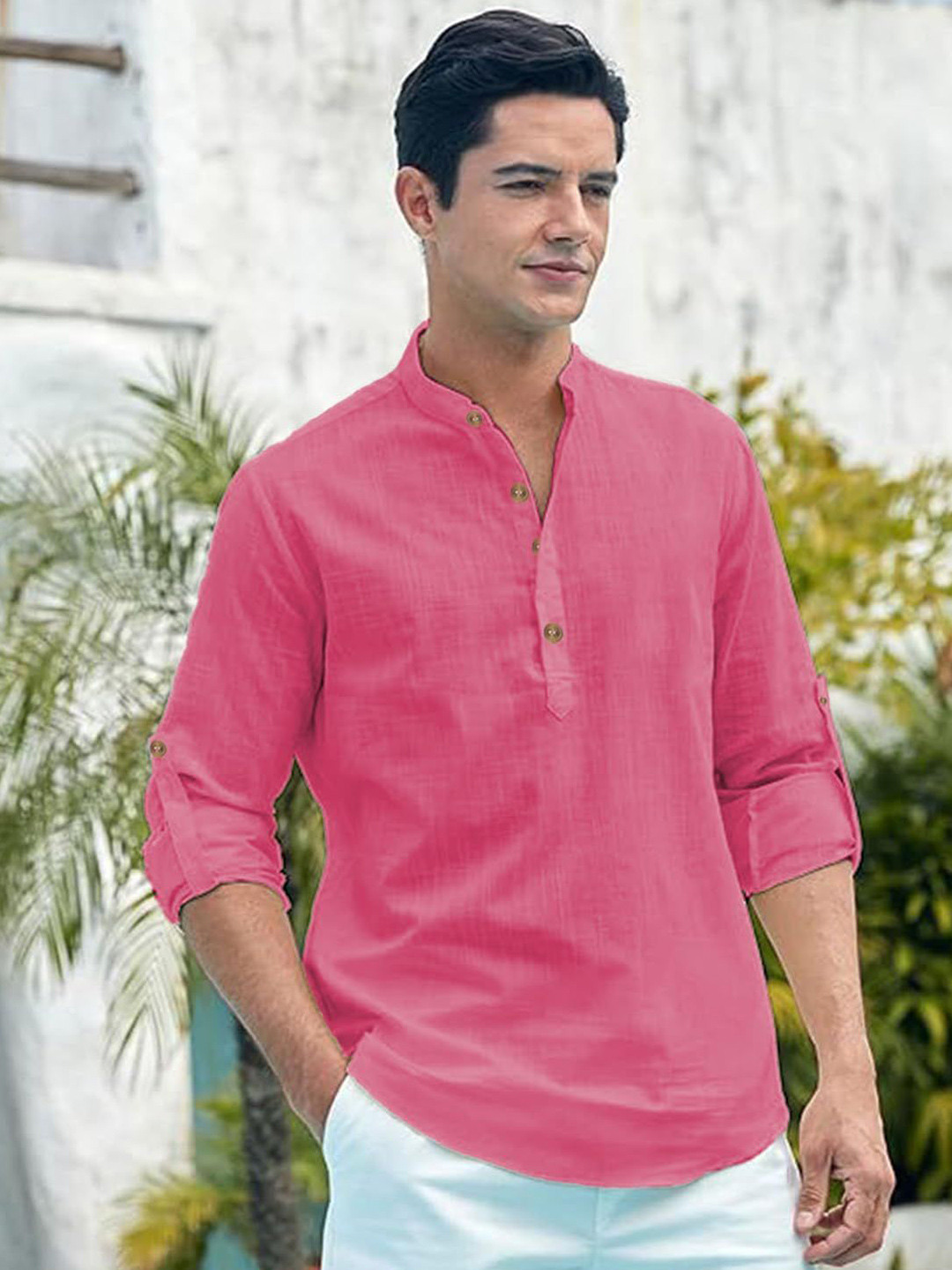 Yugnik Men Mandarin Collar Roll-Up Sleeves Kurta