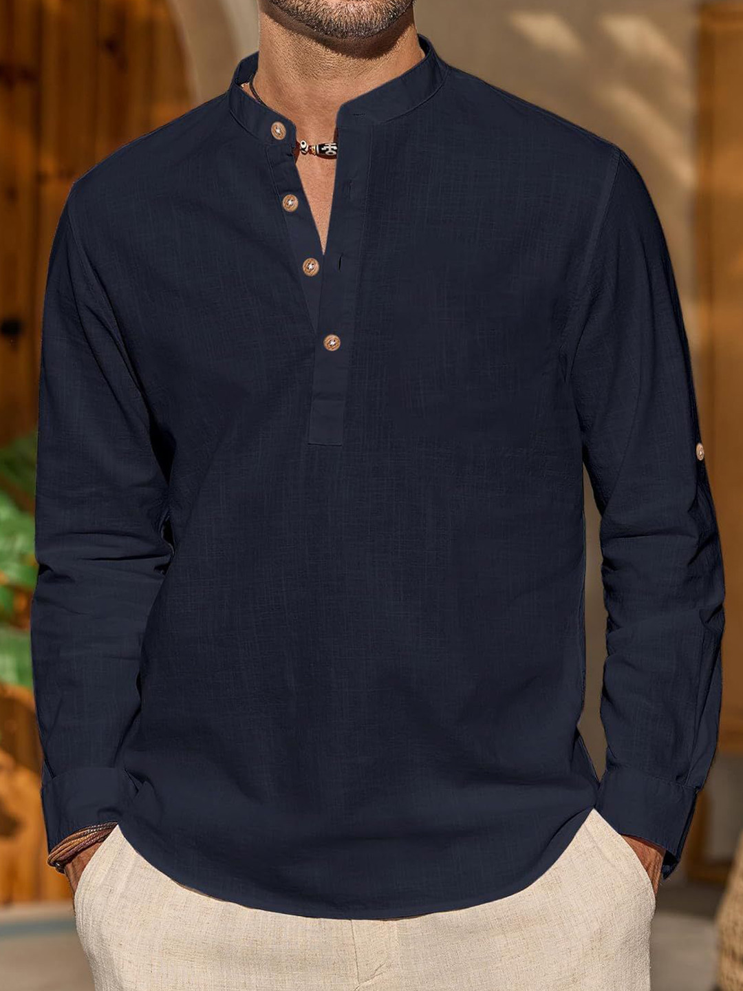 Yugnik Men Band Collar Cotton Kurta