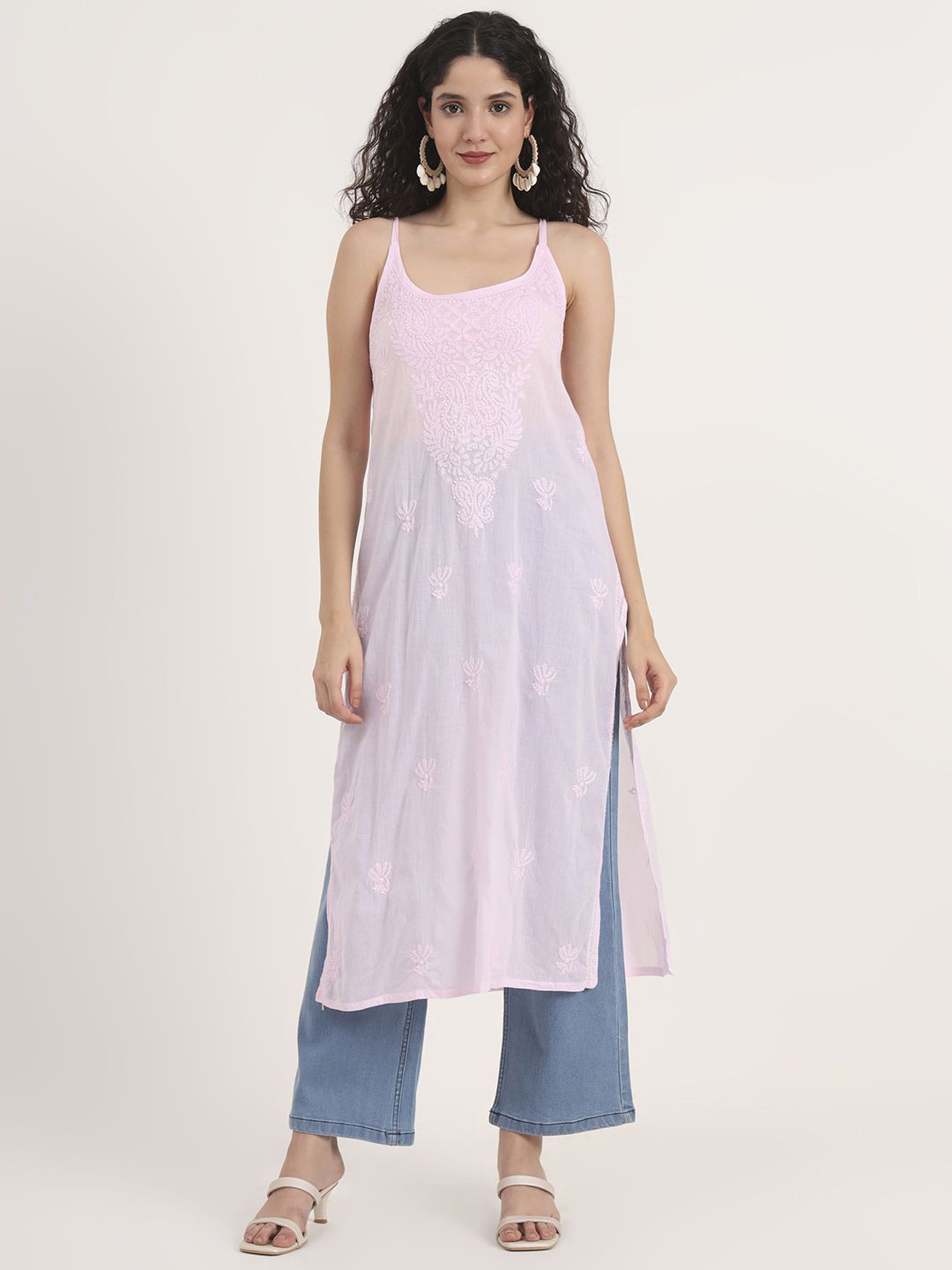 The Chikan Label Women Pink Maham Cotton Chikankari Sleeveless Strappy Kurta