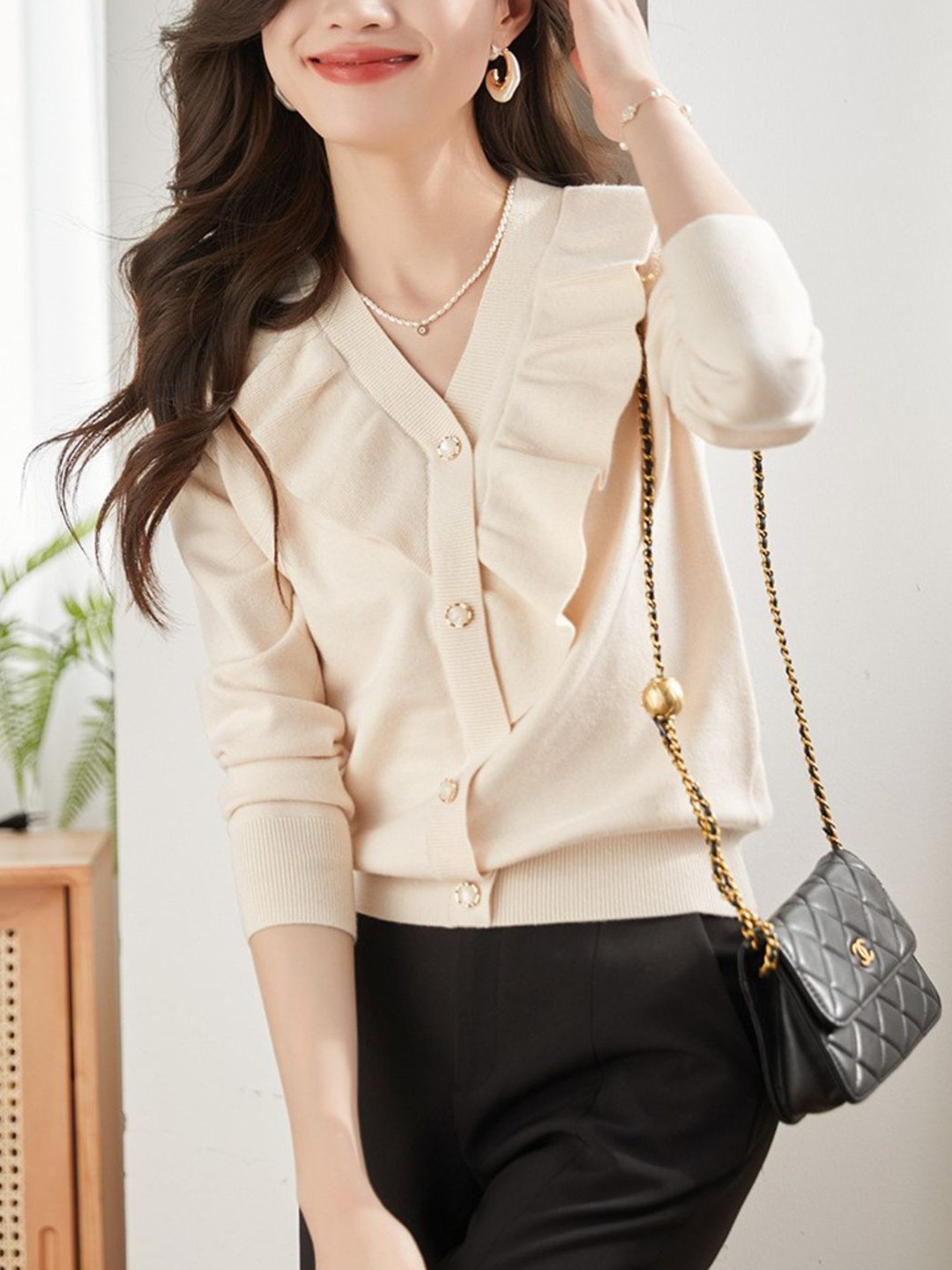 StyleCast Women V-Neck Ruffle Detail Cardigan Cotton Sweaters