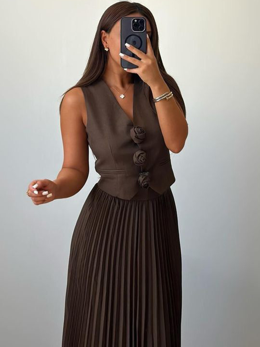 Miss Mosa By Akanksha  Brown Sarine Luxe Vest Suit With Skirt