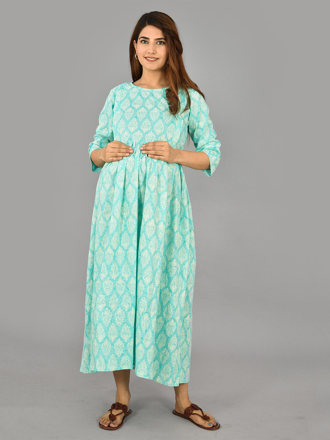 Negen Women Ethnic Motifs Printed Maternity Cotton Fit & Flare Maxi Dress