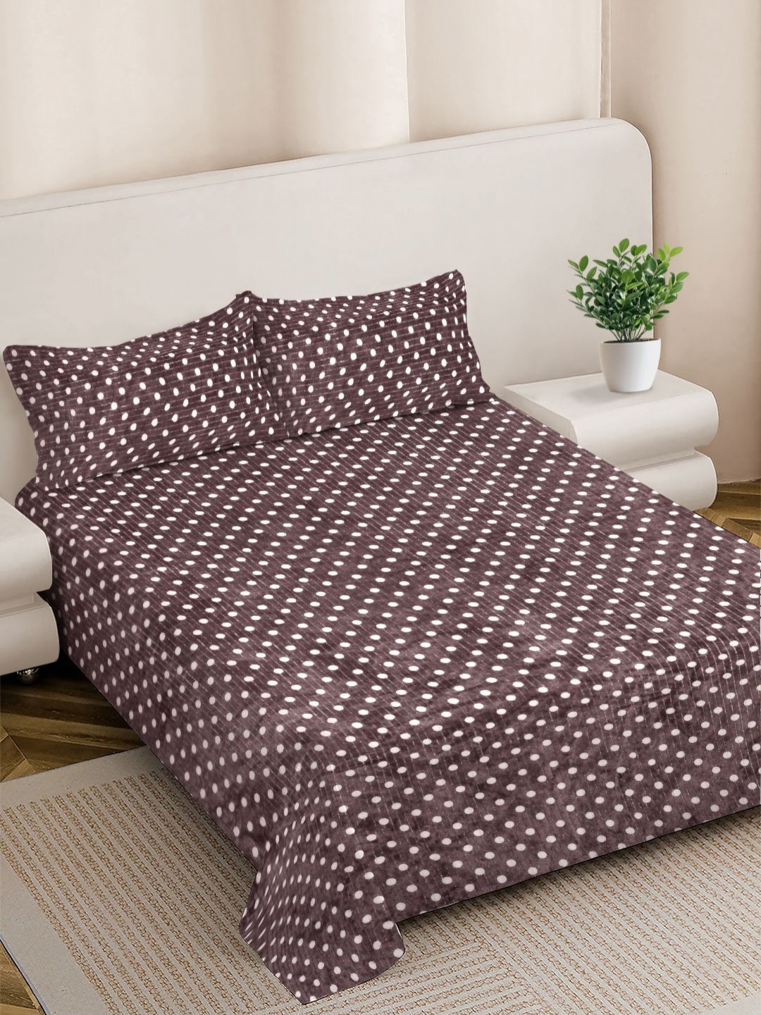 FABINALIV Brown & White Polka Dot Woollen 300 TC Double King Bedsheet Set-2.50 m X 2.25 m