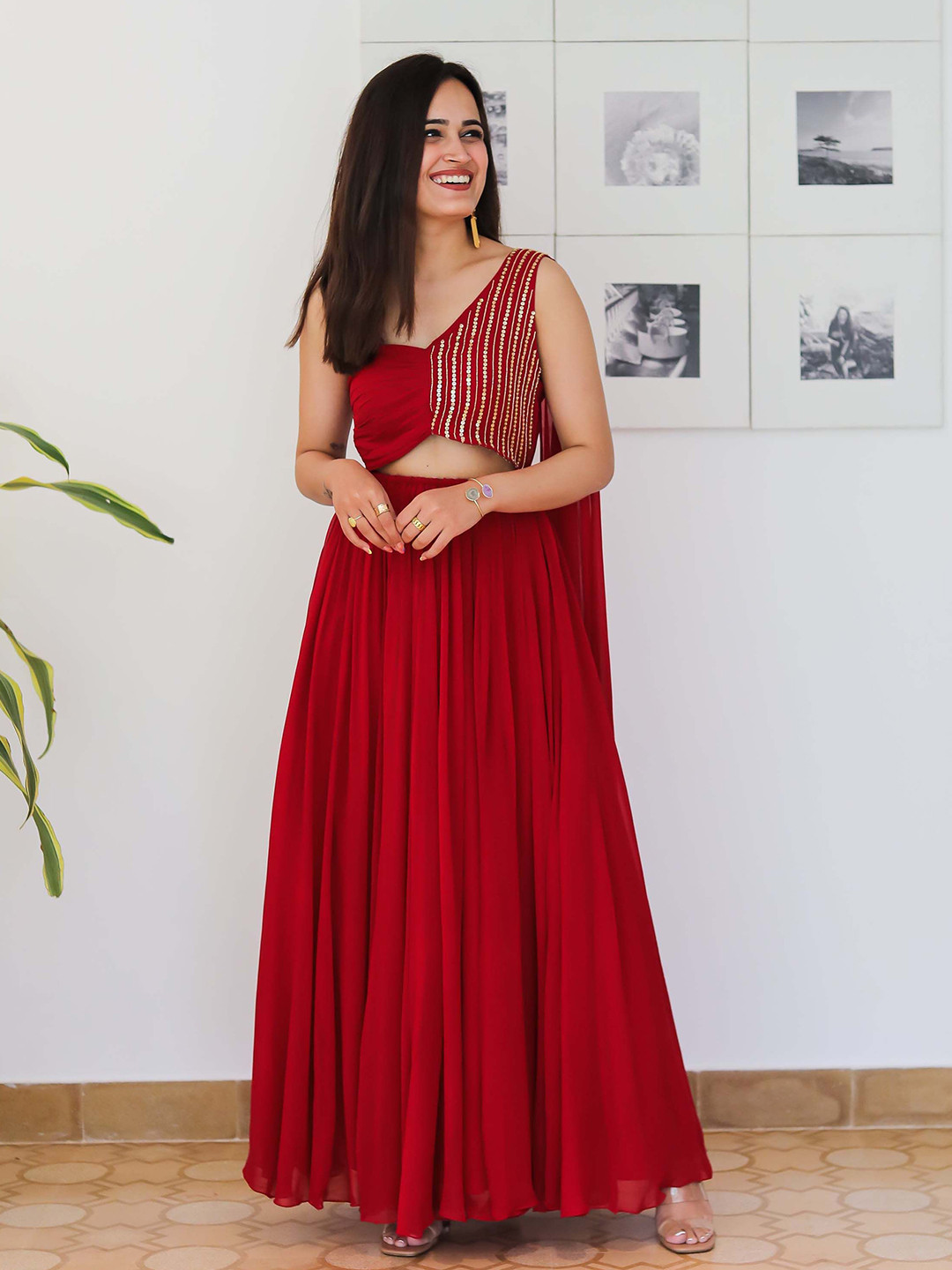 Ordinaree Embroidered Cut-Outs Detail One Shoulder Georgette Maxi Dress