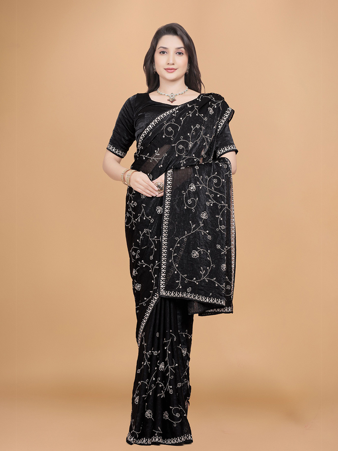 Tarlas Sarees Embellished Satin Saree With Beads and Stones Border