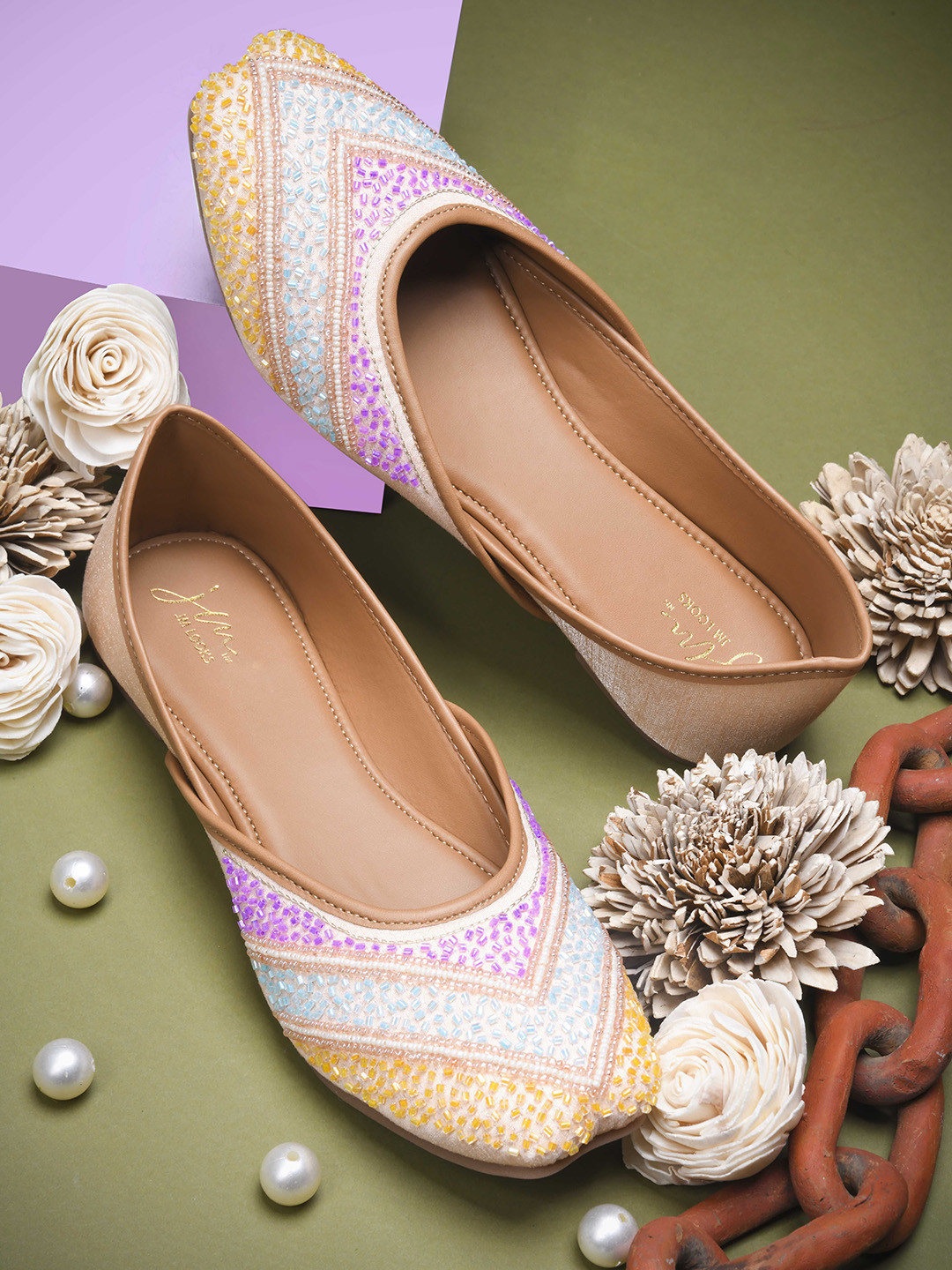 JM Looks Shimmery Embroidered Ethnic Slip-On Mojaris For Girls & Women