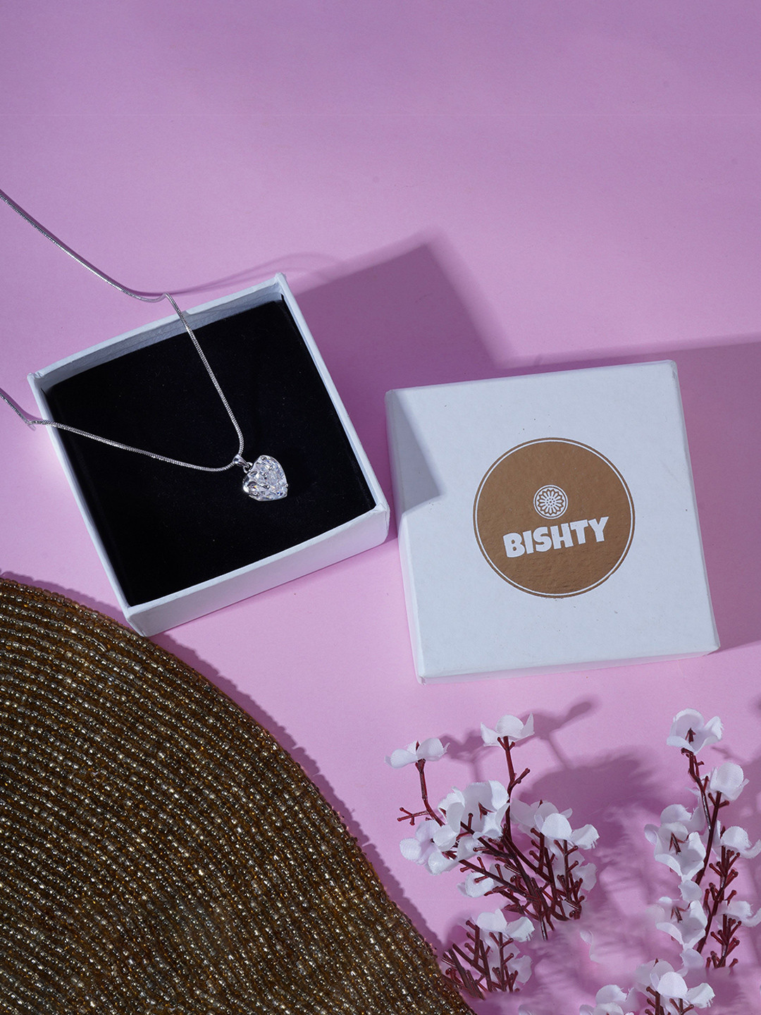 BISHTY  Stainless Steel Silver-Plated Onyx Studded Heart Shaped Pendant With Chain