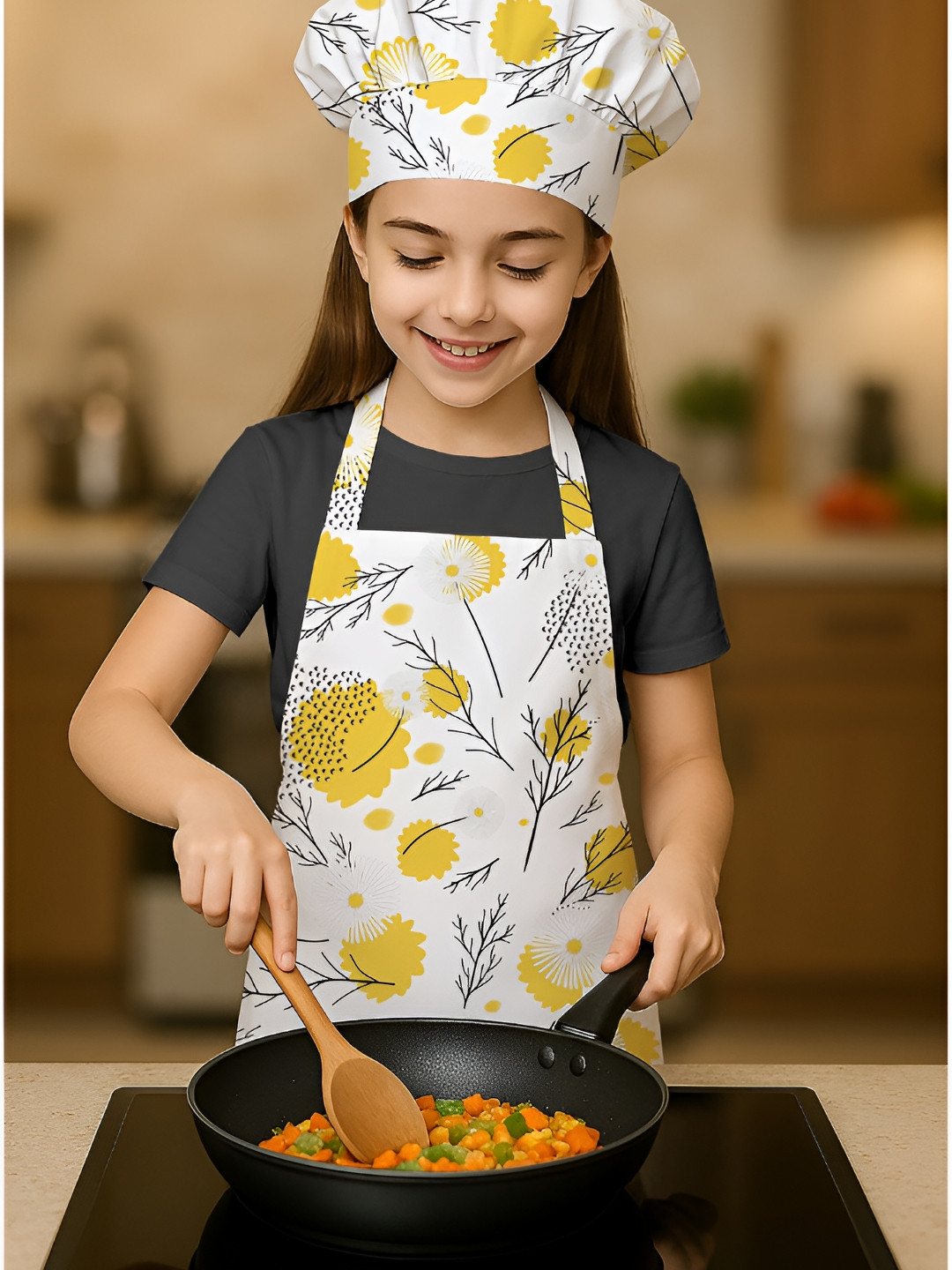 OASIS Girls Yellow & White Printed Cotton Aprons With Chef Cap