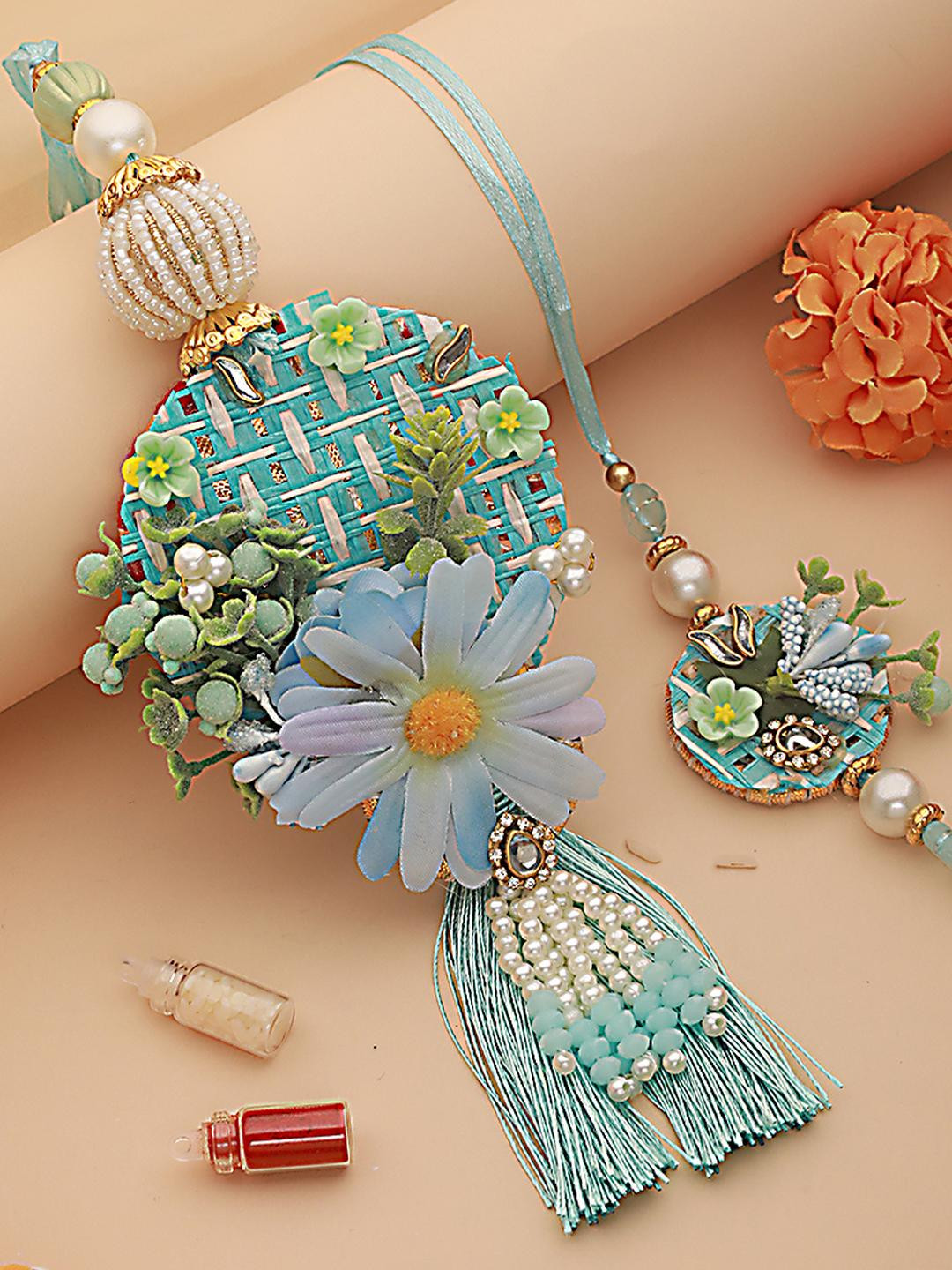 Anouk Set of 2 Floral Work Tasselled Bhaiya Bhabhi Thread Rakhi