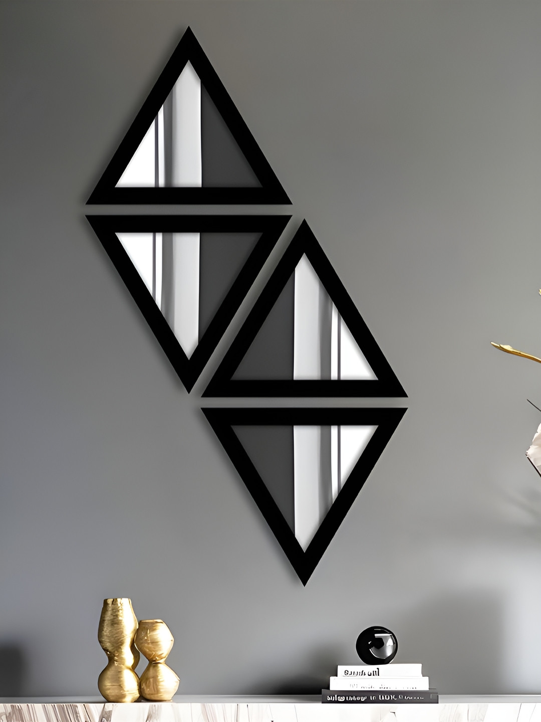 Art Street Pack of 4 Black Triangular Shape Hanging Hook MDF Wall Mirror