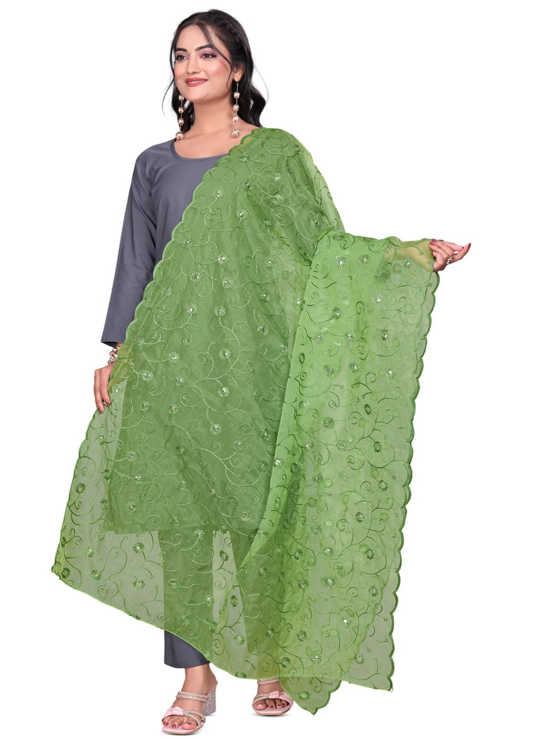 Kemza Floral Embroidered Sequinned Organza Dupatta