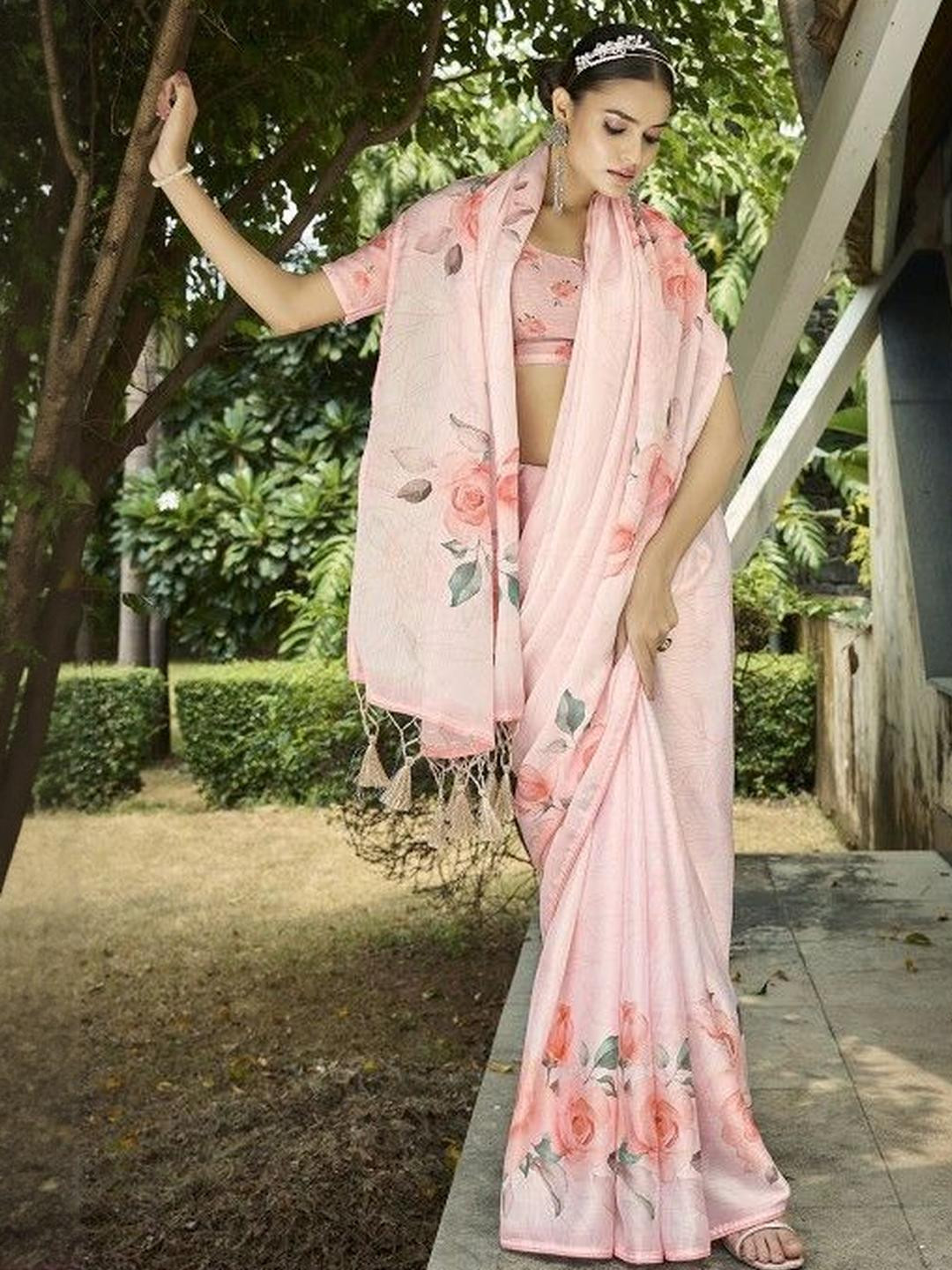 KARAGIRI Pink Poly Chiffon Daily Wear Saree With Blouse Piece
