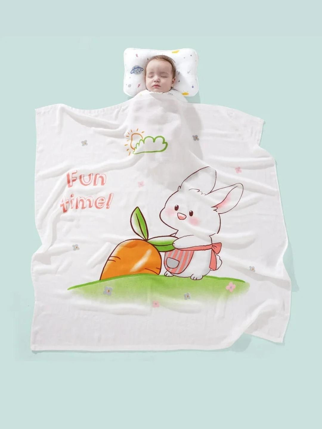 Baby Station White & Orange Cartoon Characters AC Room 350 GSM Blanket