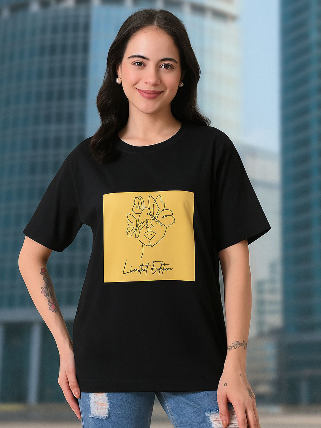 HERE&NOW Women Bio Finish Graphic Printed Round Neck Cotton Oversized T-shirt