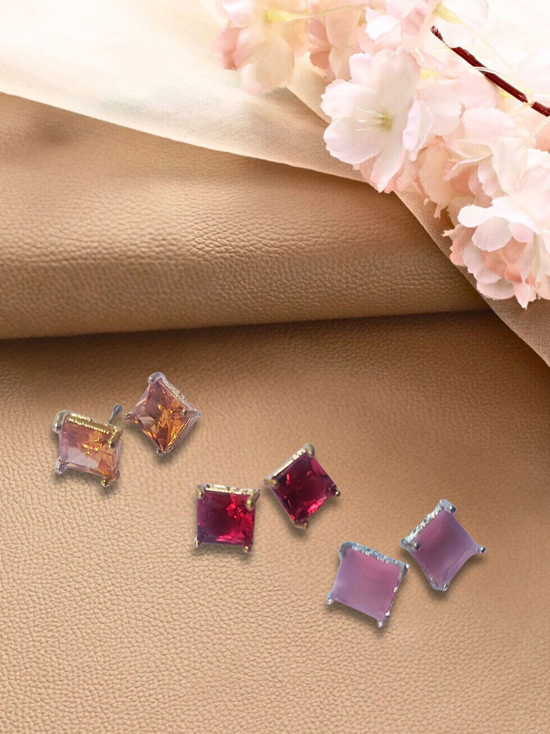 Jazz and Sizzle Set of 3 Gold-Plated Artificial Stones Studded Square Shaped Studs