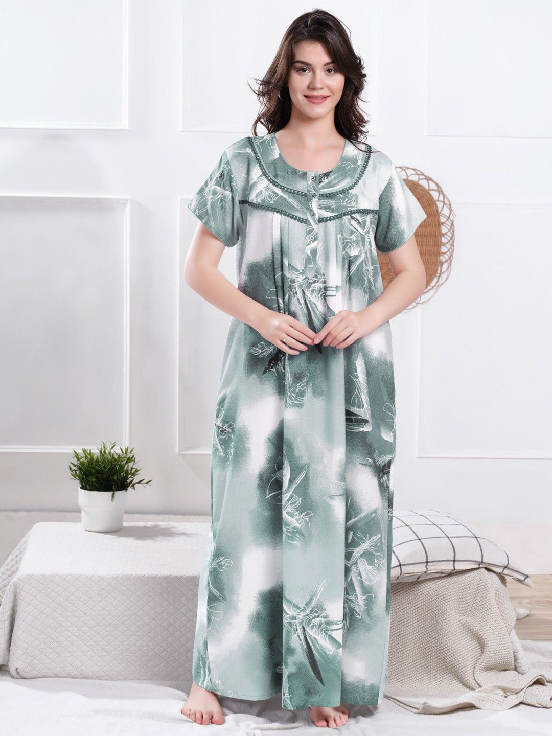 NIGHTSHADES Women Round Neck Printed Maxi Nightdress