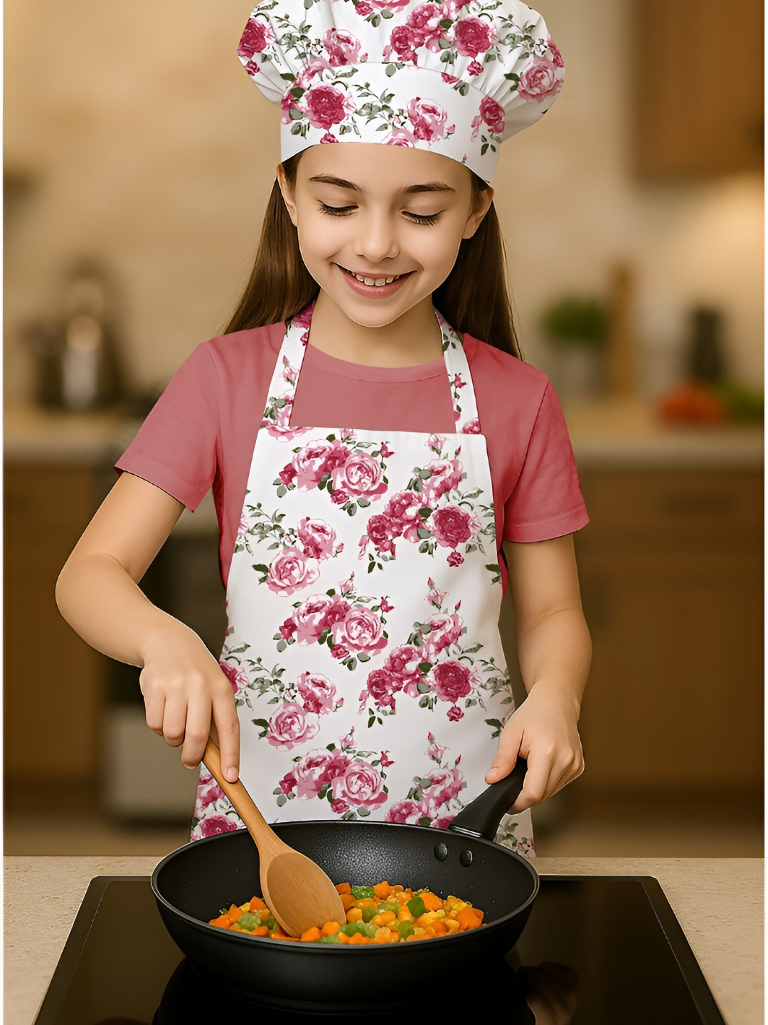 OASIS 2 Pieces Red & Pink Printed Apron With Chef Cap