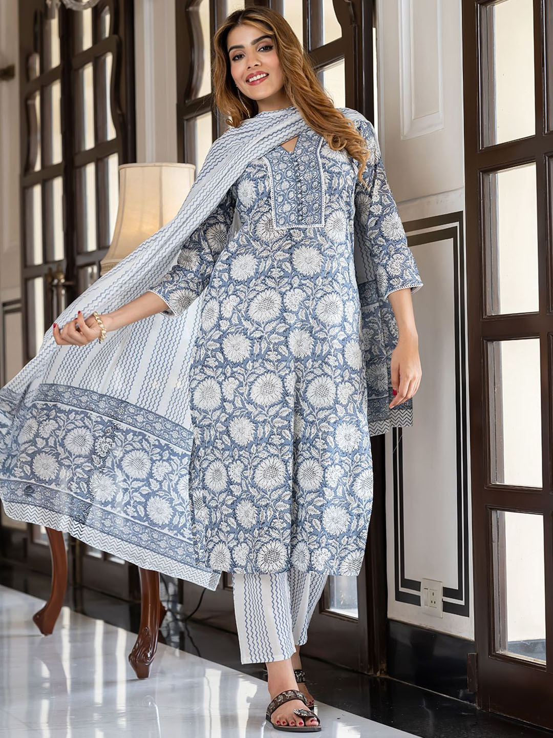 KALINI Women Floral Printed Regular Pure Cotton Kurta with Trousers & With Dupatta