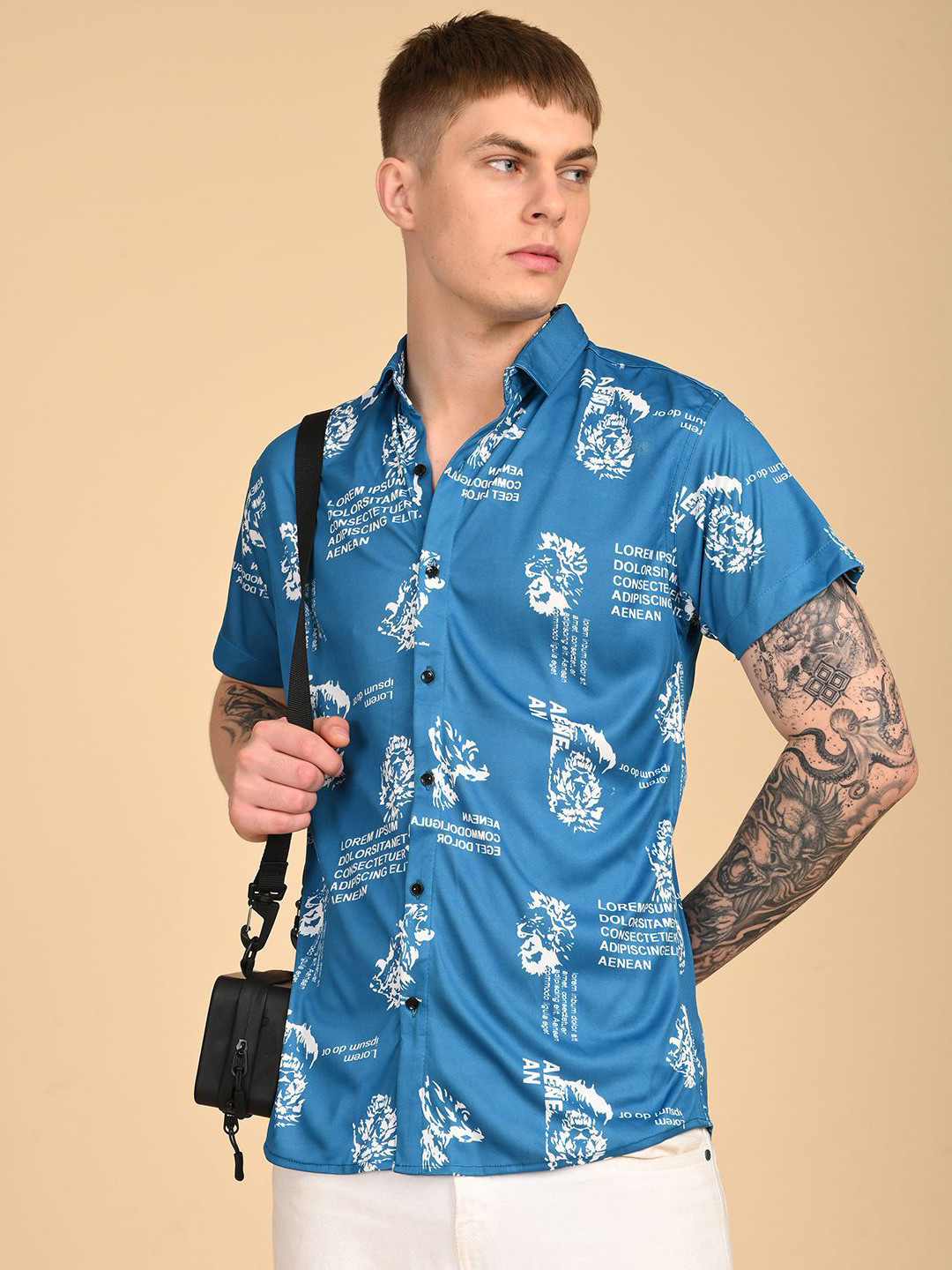 Men Regular Fit Typography Printed Spread Collar Casual Shirt