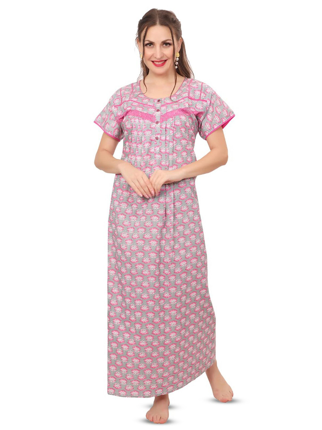 Ms.Lingies Women Floral Printed Round Neck Pure Cotton Maxi Nightdress