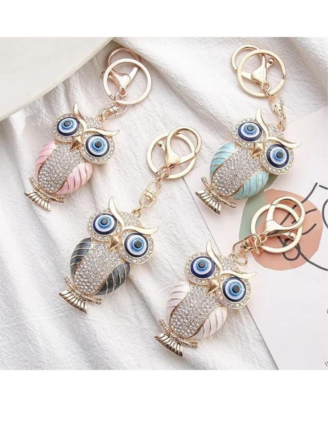 BLUE BEADS Gold with Evil Eye Owl Keychain