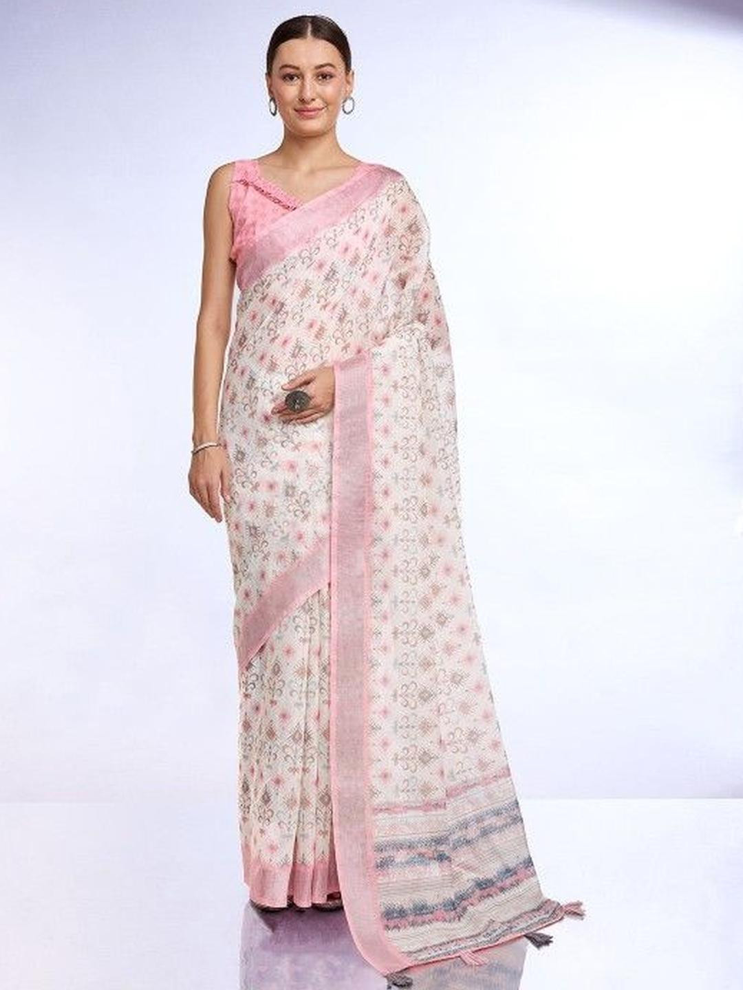 KARAGIRI White Linen Blend Saree With Blouse Piece