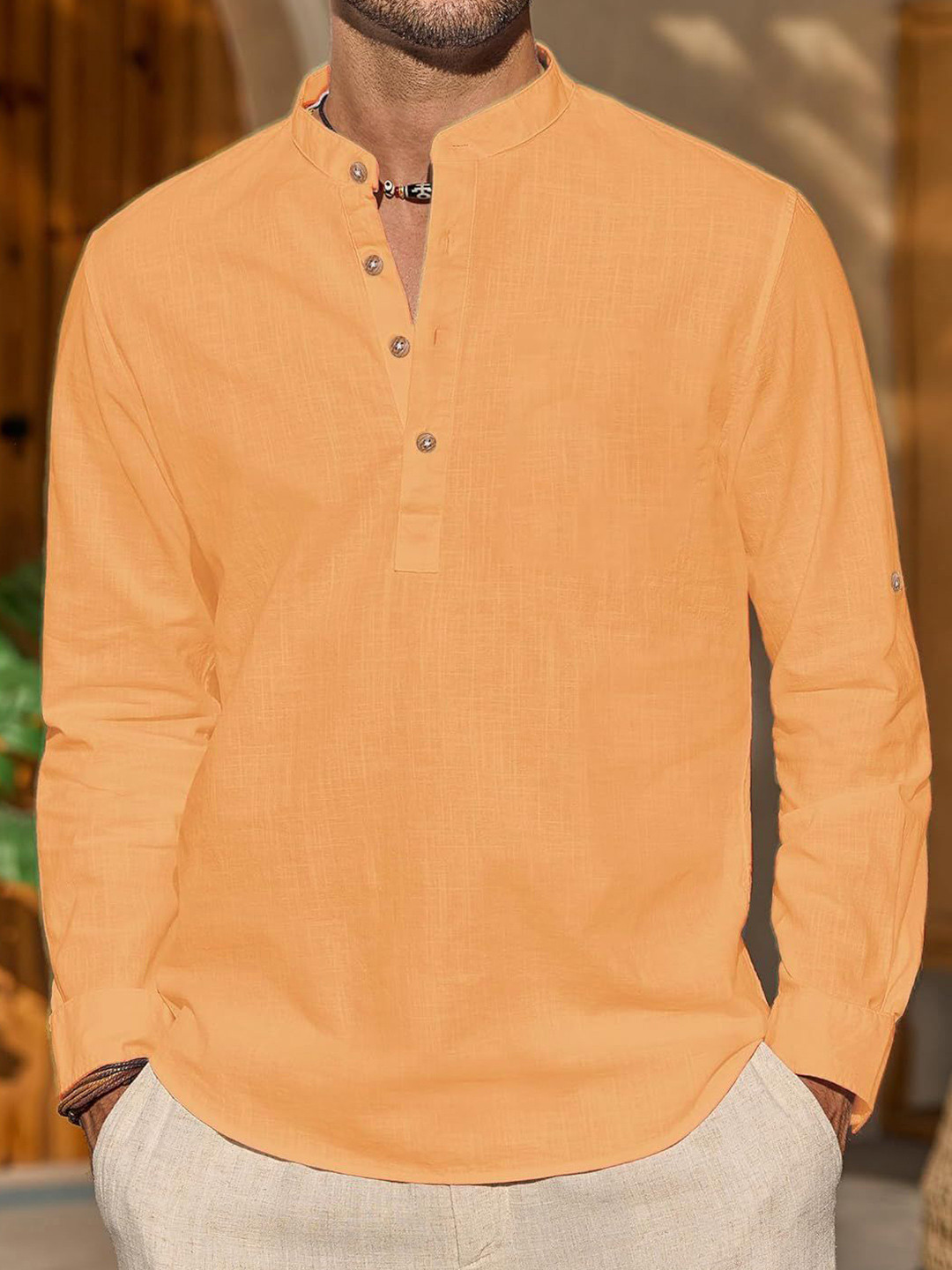 Yugnik Cotton Mandarin Collar Slim Fit Short Kurta