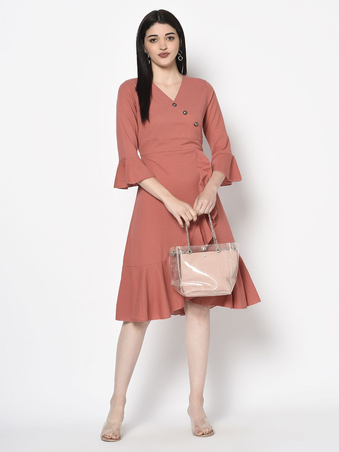 Miss Grace Women V-Neck Bell Sleeve Wrap Dress