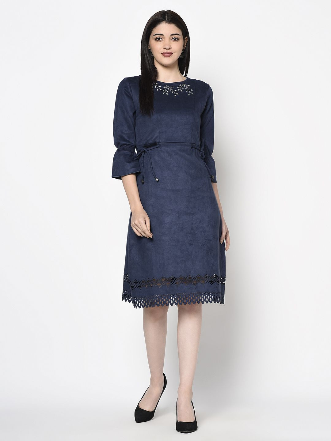 Miss Grace Women Schiffli Embellished Tie-Ups Detail Fit & Flare Dress