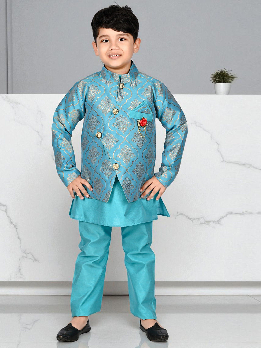 NEW GEN Boys Mandarin Collar Dupion Silk Kurta With Patiala & Waistcoat