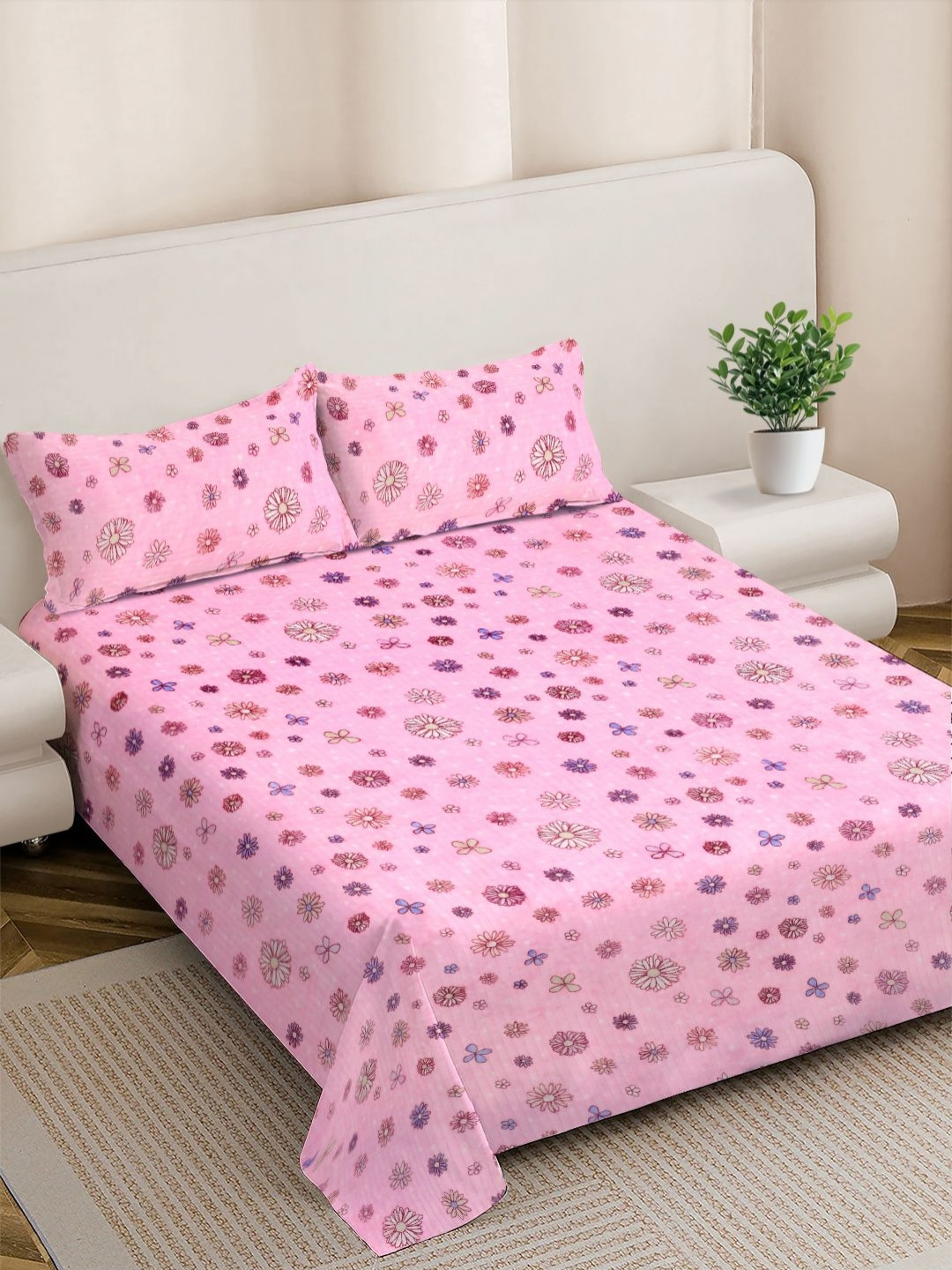 FABINALIV Pink & Blue Floral Woollen 300 TC Double King Bedsheet Set-2.50mX2.25m