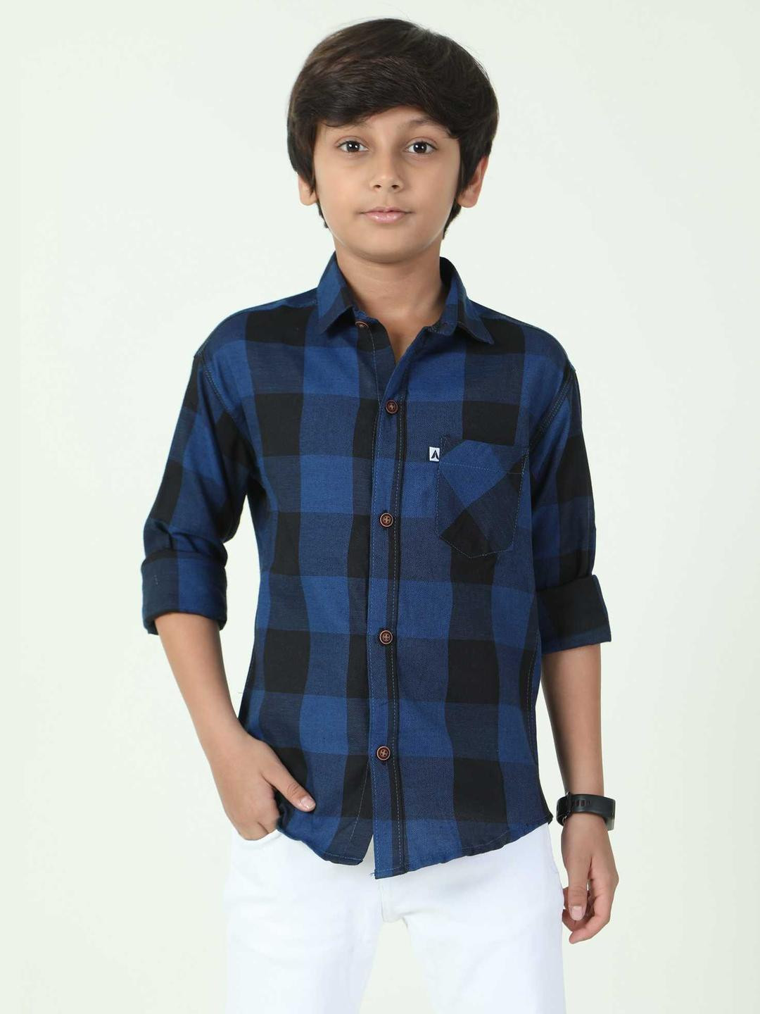 ALLWIN PAUL Boys Blue & Black Cotton Checked Casual Shirt