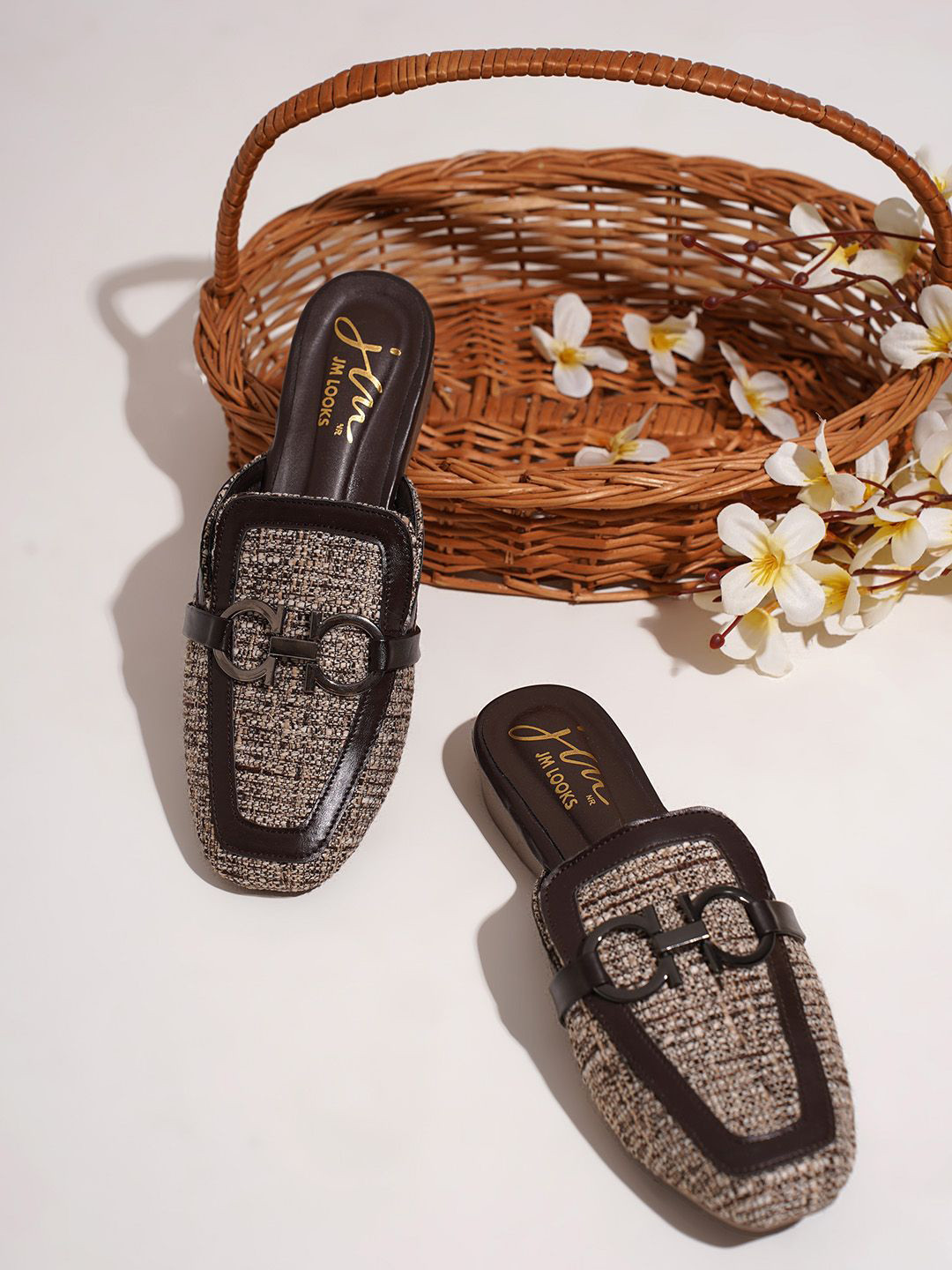 JM Looks Women Textured Fabric Slip-On Mules