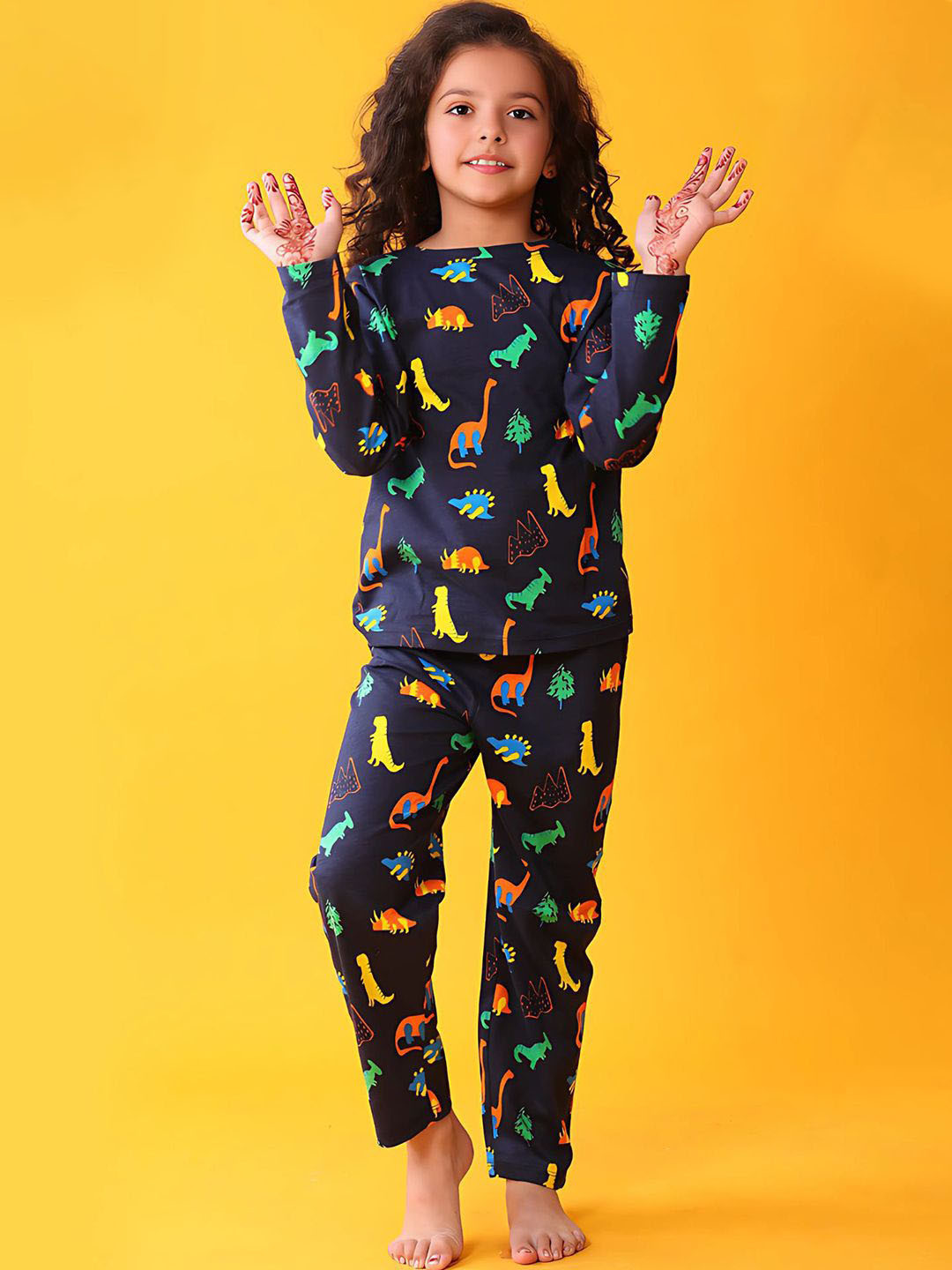 YK SS 25 Girls Conversational Printed Boat Neck Pure Cotton Night suit
