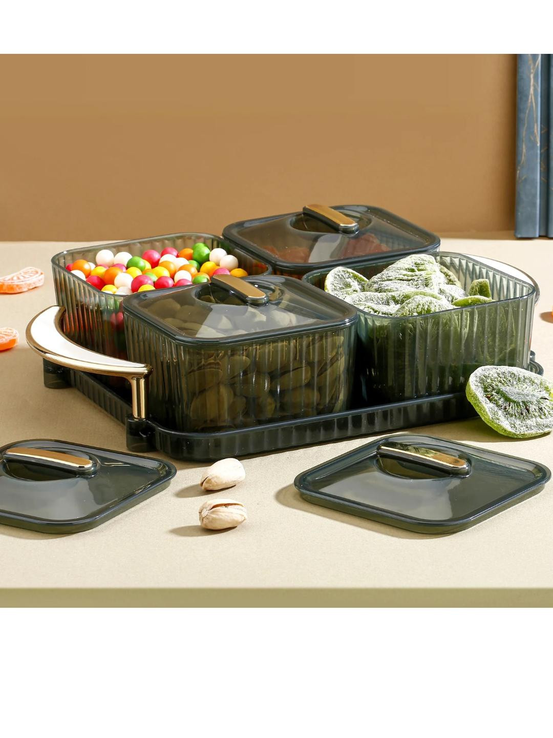DeoDap 4-in-1 Grey Multipurpose Kitchen Storage Box with Lid & Handle Tray
