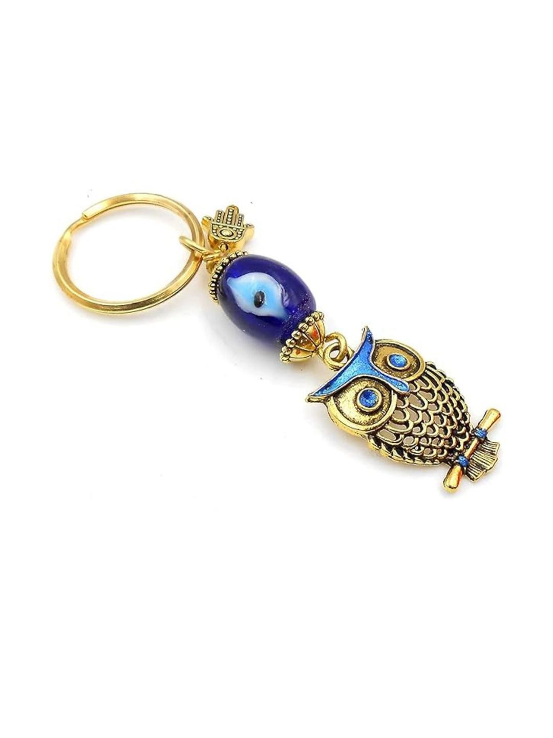 BLUE BEADS Gold Owl Design Pendant with Blue Evil Eye Keychain