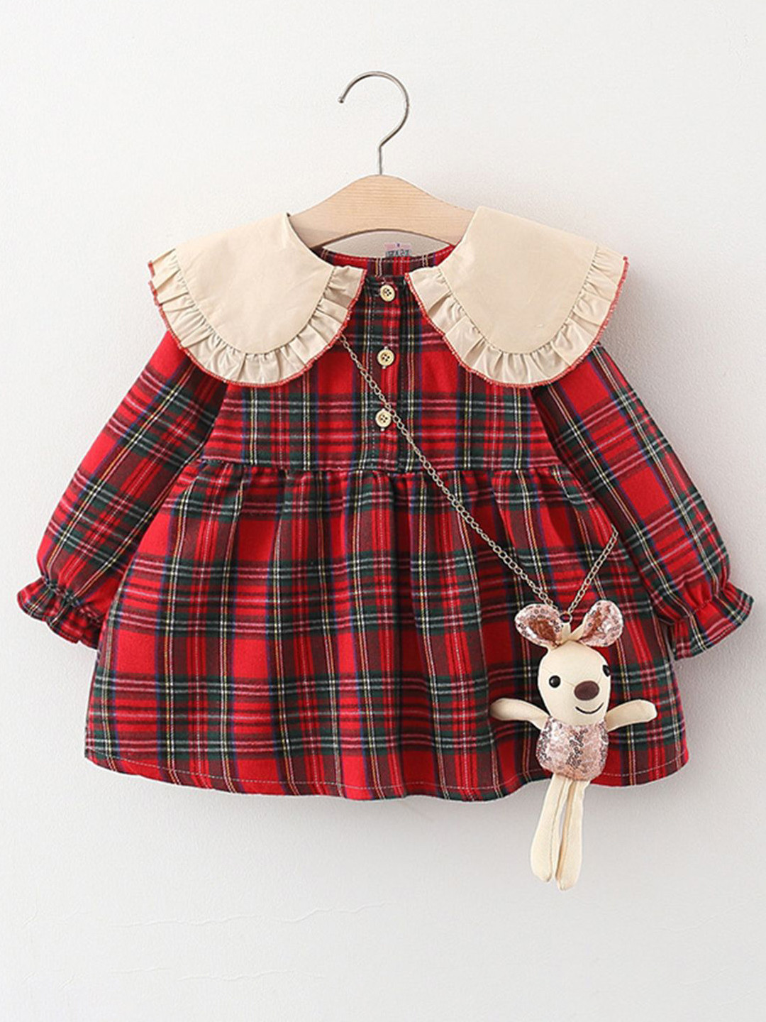 YK Girls Checked Peter Pan Collar Puff Sleeve Ruffled Fit & Flare Dress