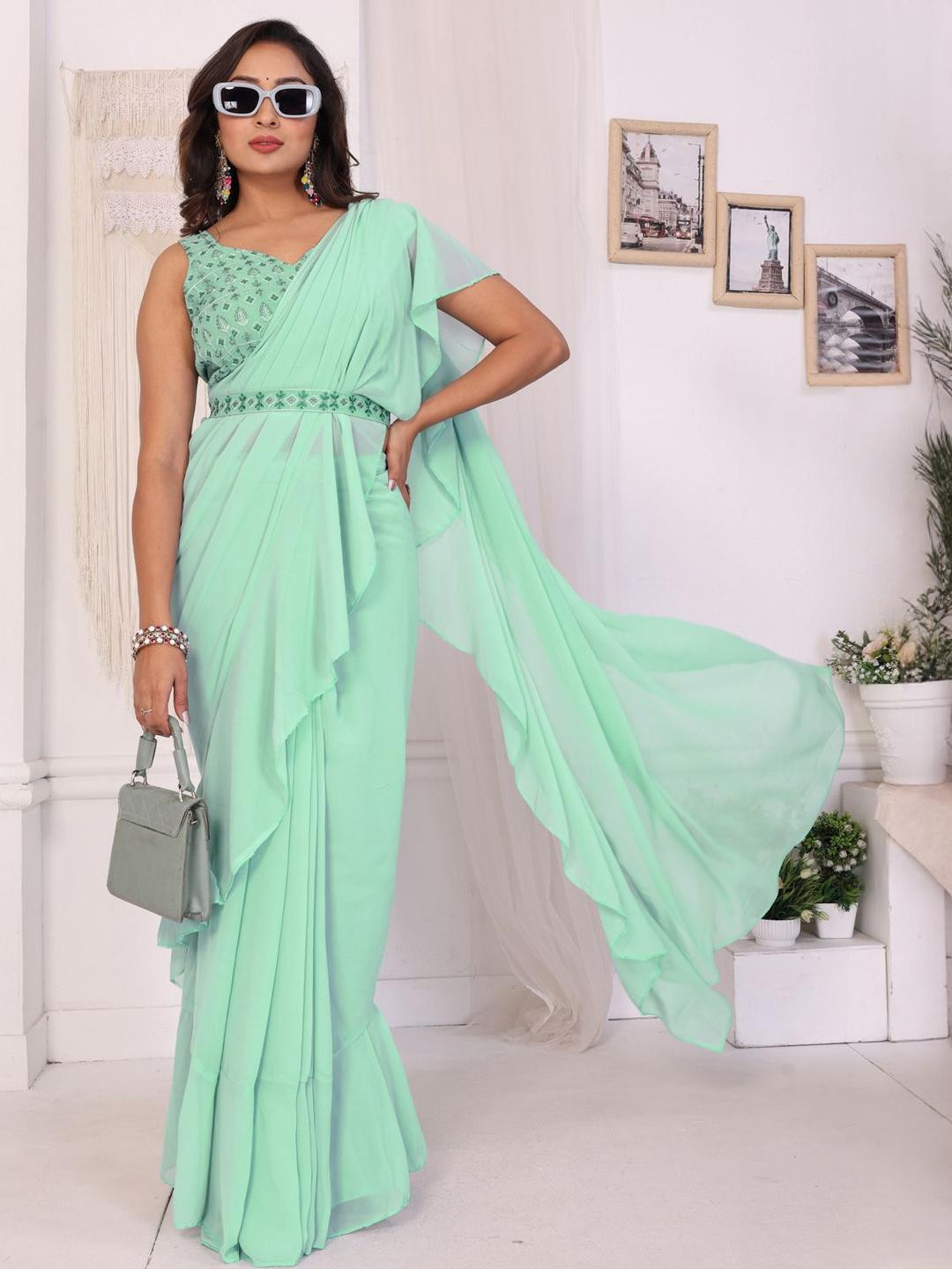 PATLANI STYLE Ready to Wear Ruffle Saree With Embroidery Blouse & Belt