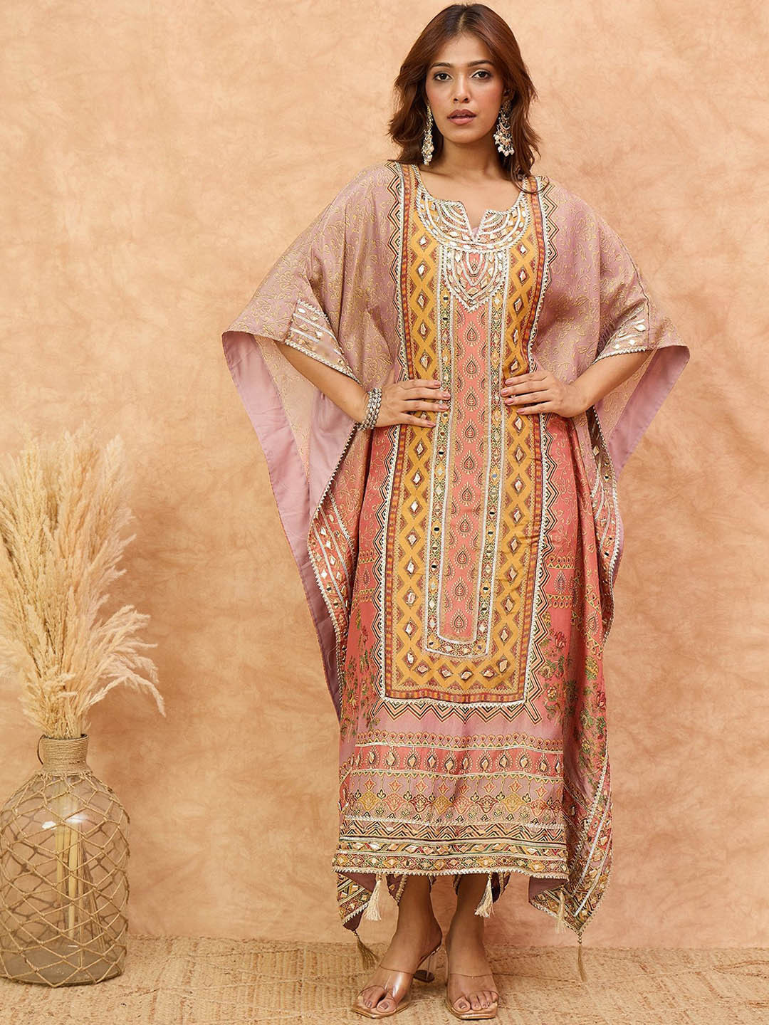 Varanga Women Ethnic Motifs Printed Regular Raw Silk Kaftan Kurta with Dhoti Pants