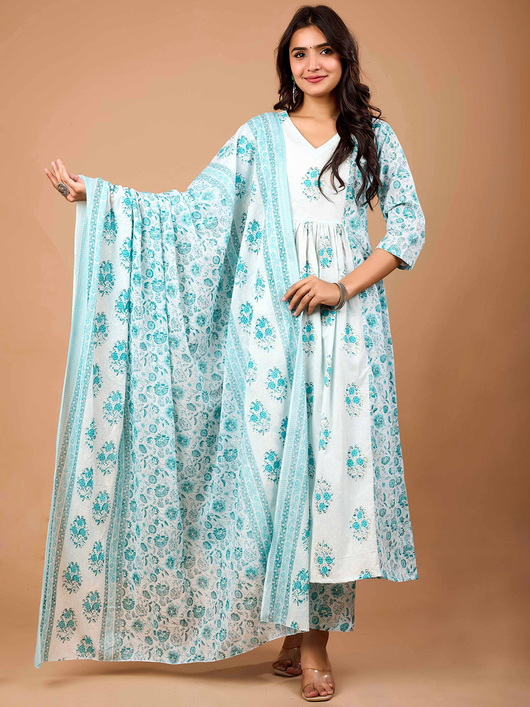 Le Mec Women Floral Printed Cotton Kurta with Palazzos & Dupatta