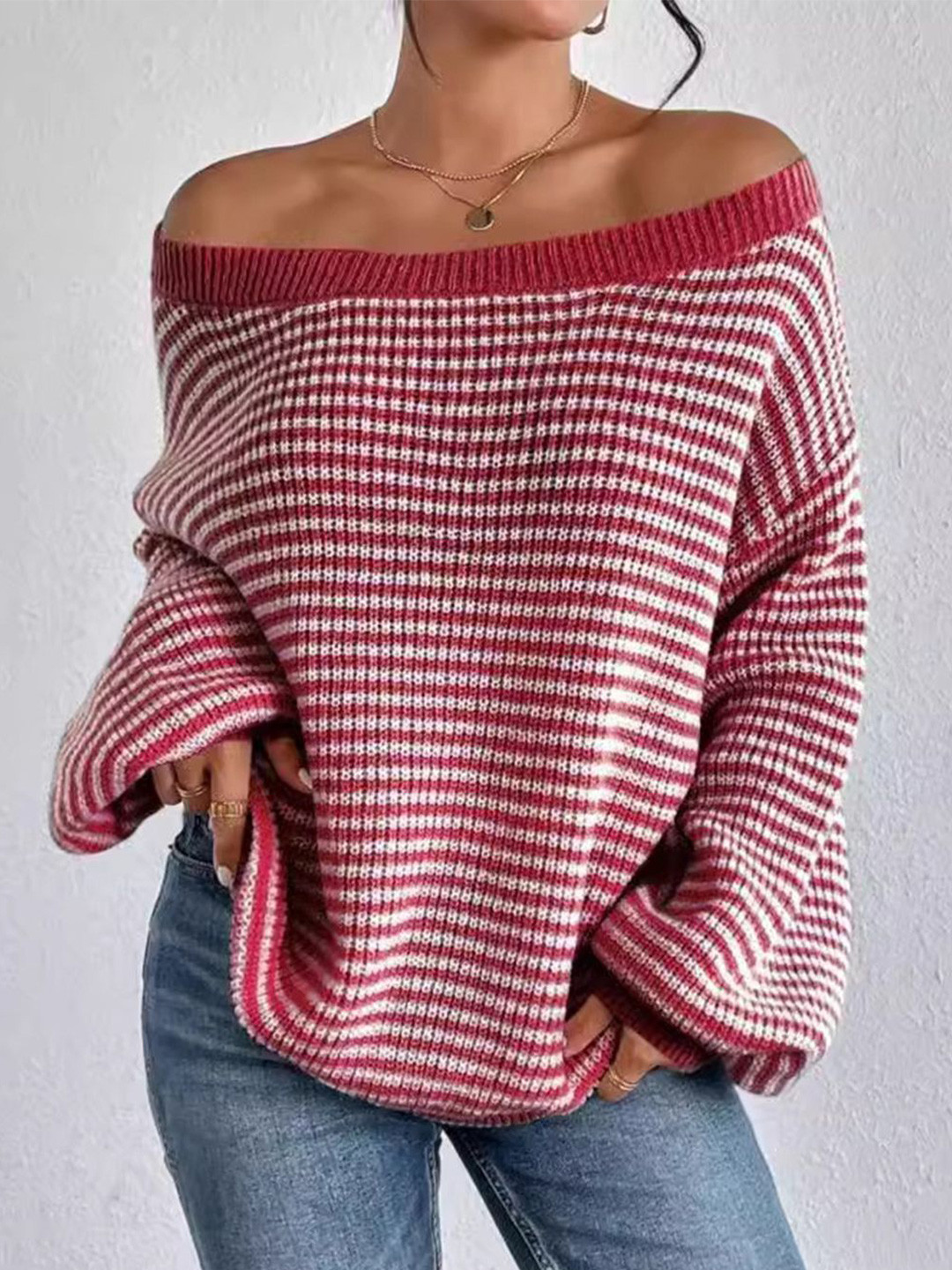 StyleCast Women Striped Off-Shoulder Neck Long Sleeves Sweaters