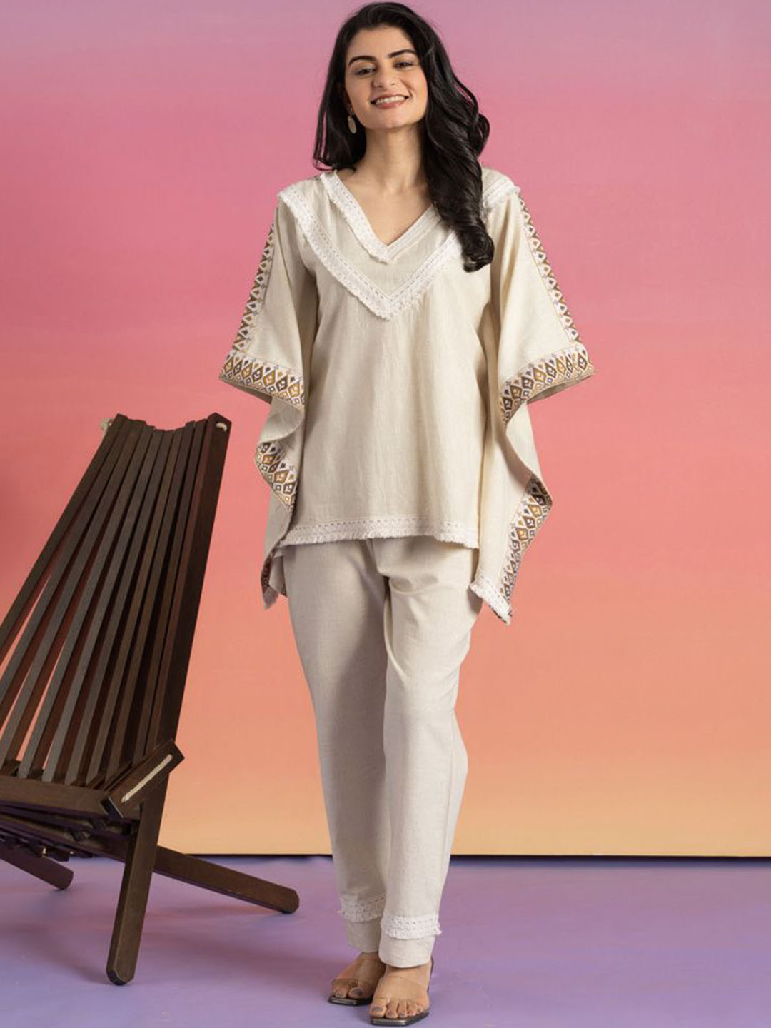 ZNKL Women Pure Cotton Geometric Hand Woven Brocade Kaftan with Trousers Co-Ord Set