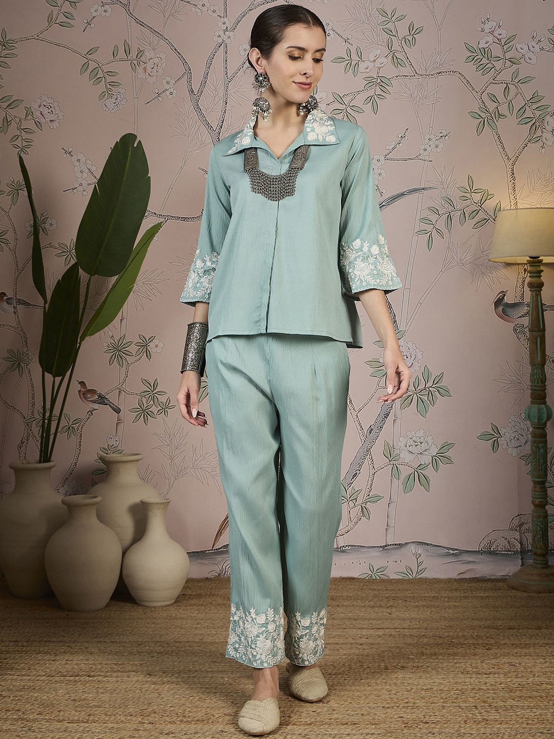 Sangria Floral Embroidered Collared Shirt & Trousers Co-Ord Set