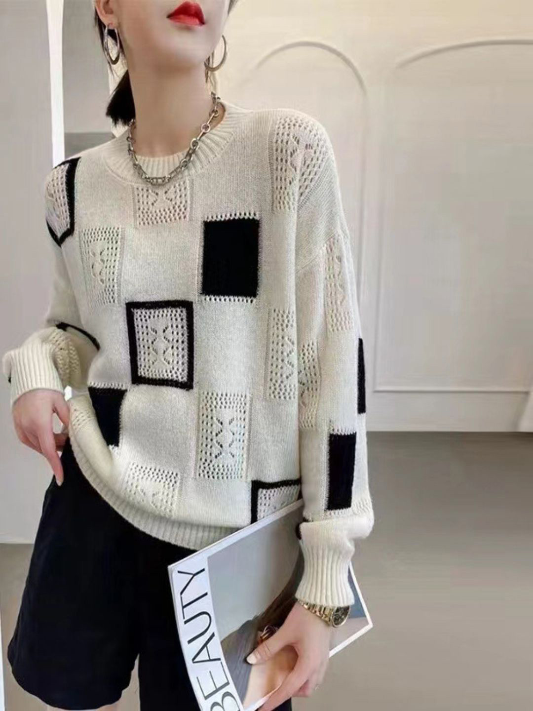 StyleCast Women Geometric Self Design Round Neck Knit Sweater