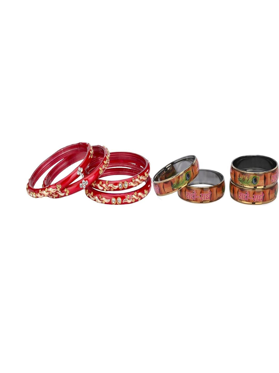 1ST TIME Set Of 8 Red & Multicolored Artificial Stones & Beads Bangles